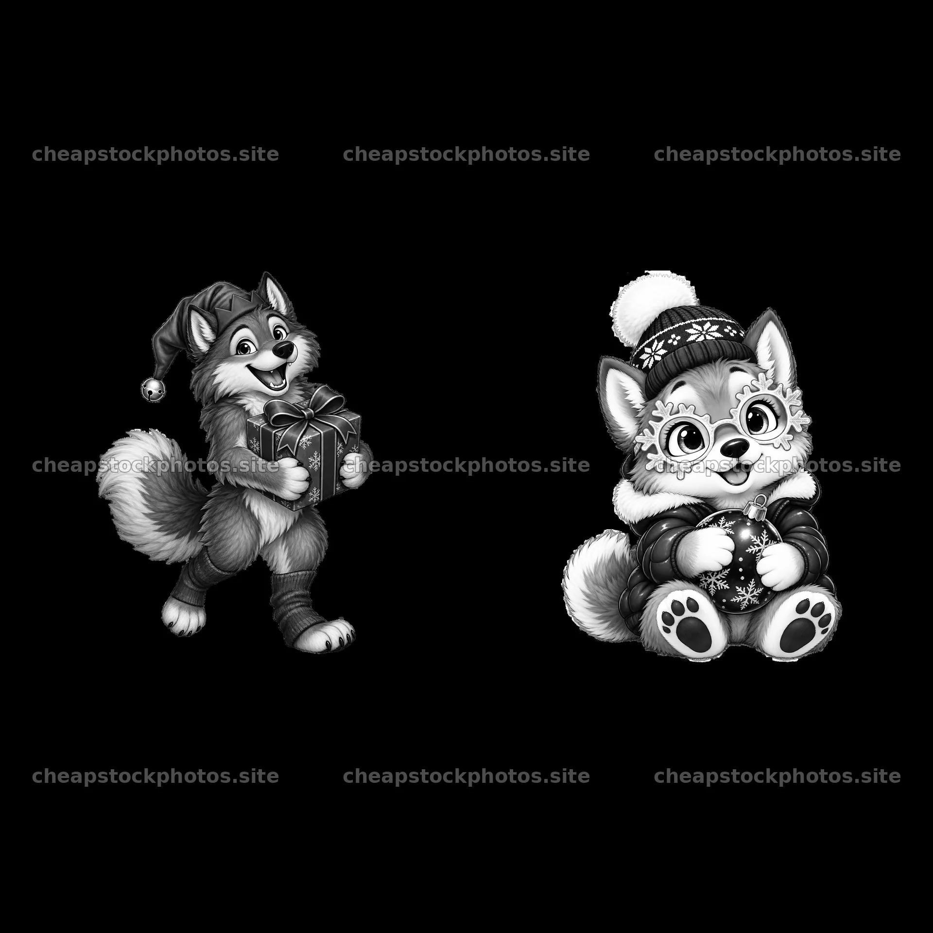Christmas wolves with gifts and decorations in black and white – stock photos 7746x7746