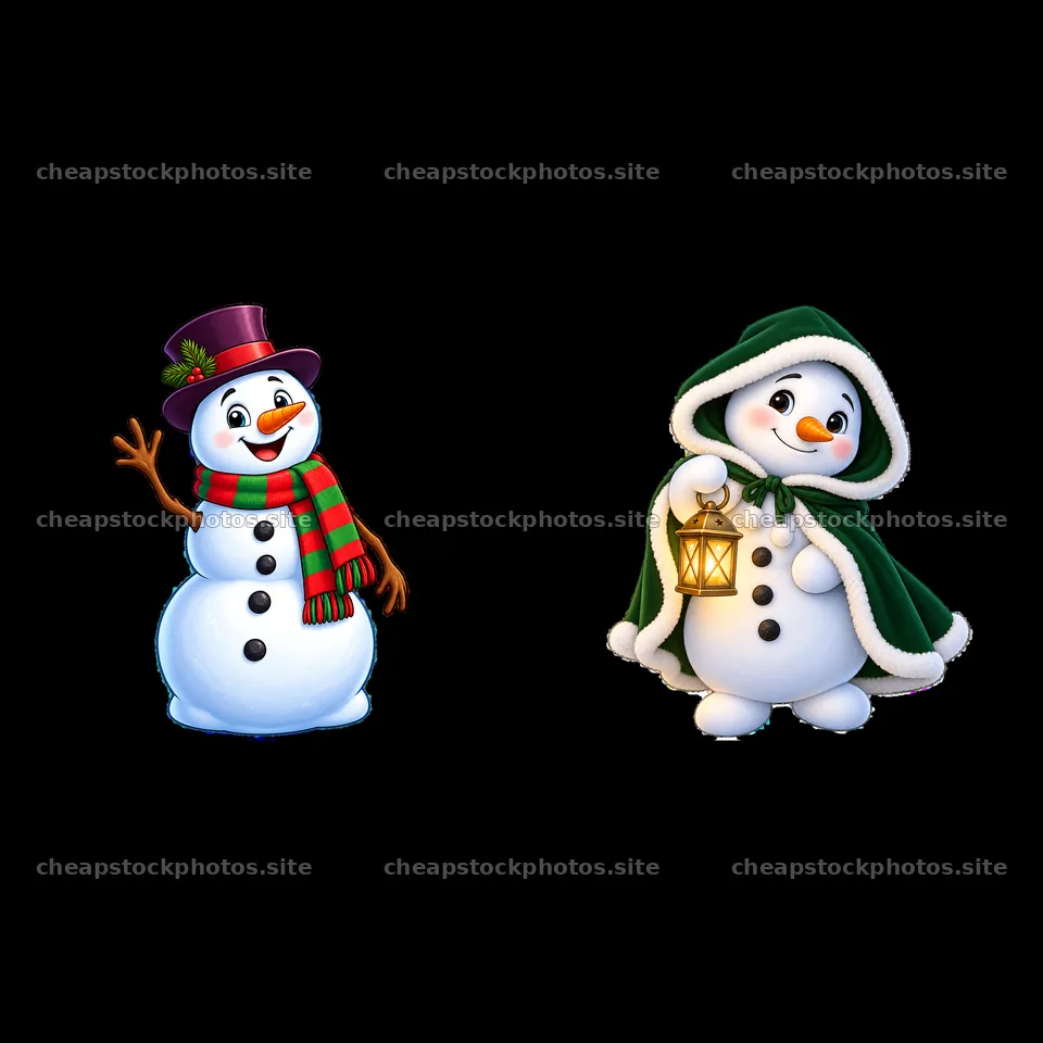 Two cheerful snowmen dressed for Christmas with festive accessories – stock photos 7746x7746