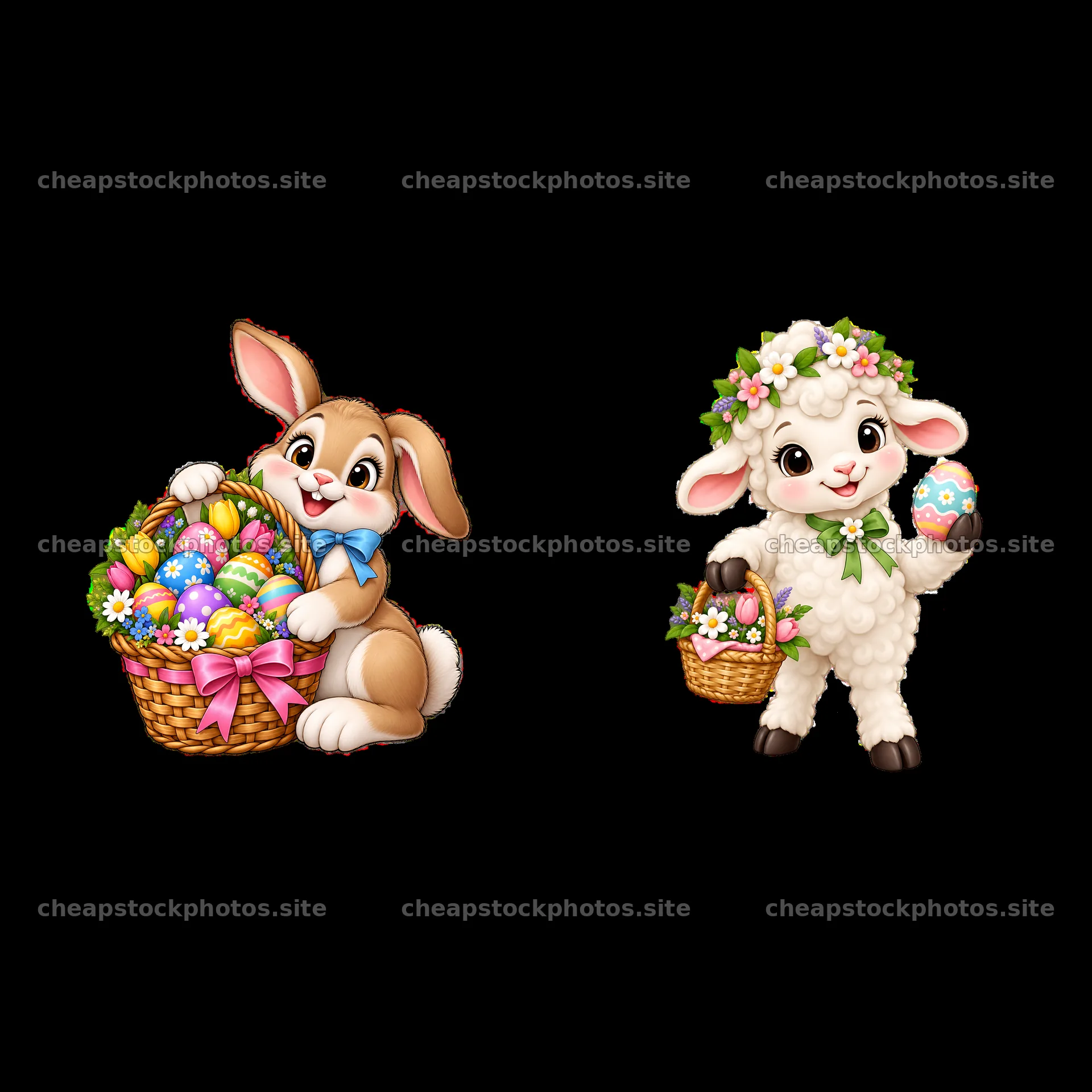 Bunny with Easter basket and lamb holding egg illustration – stock photos 7746x7746