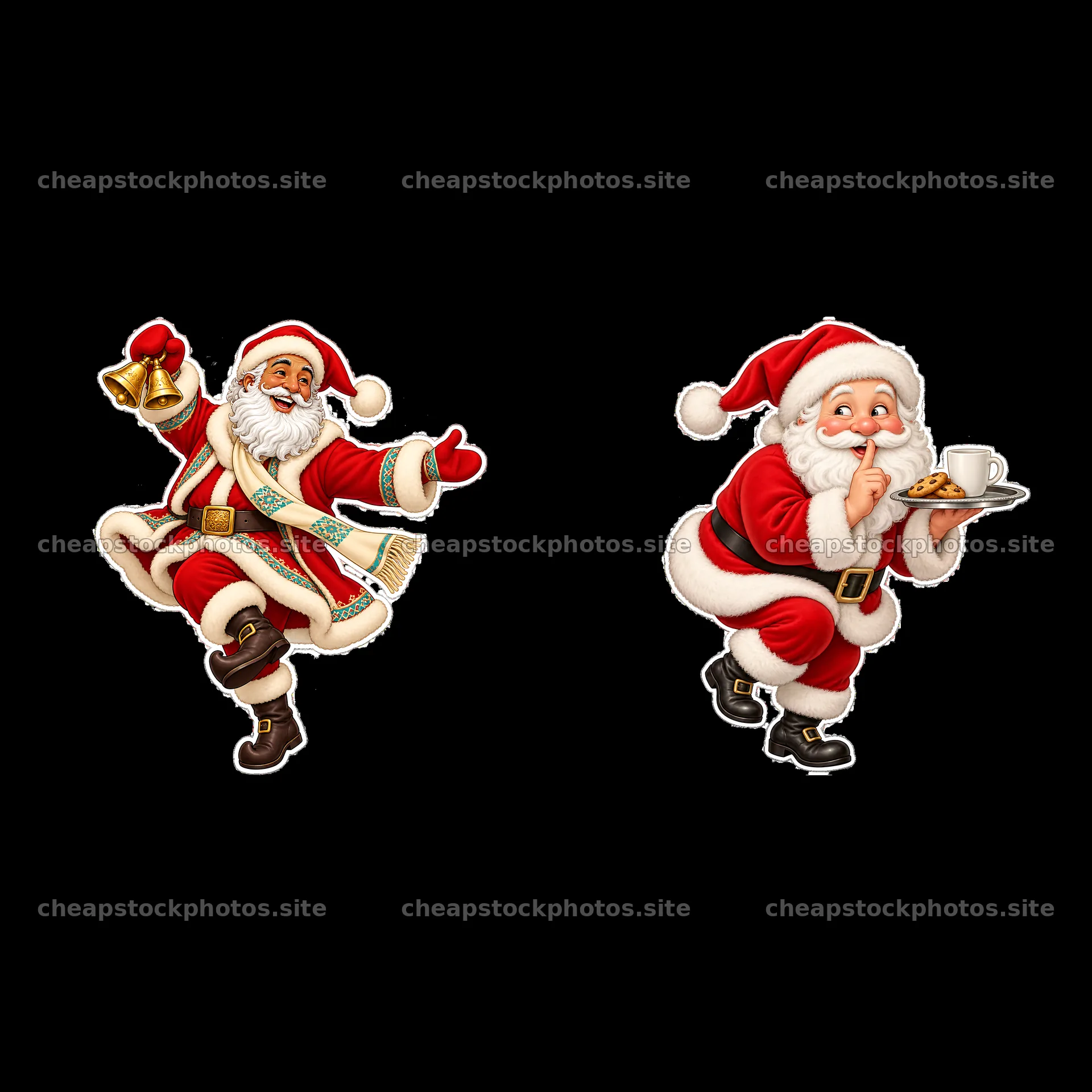 Santa Claus dancing with a bell and Santa serving cookies – stock photos 7746x7746