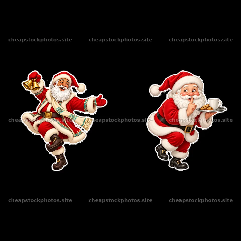 Santa Claus dancing with a bell and Santa serving cookies – stock photos 7746x7746