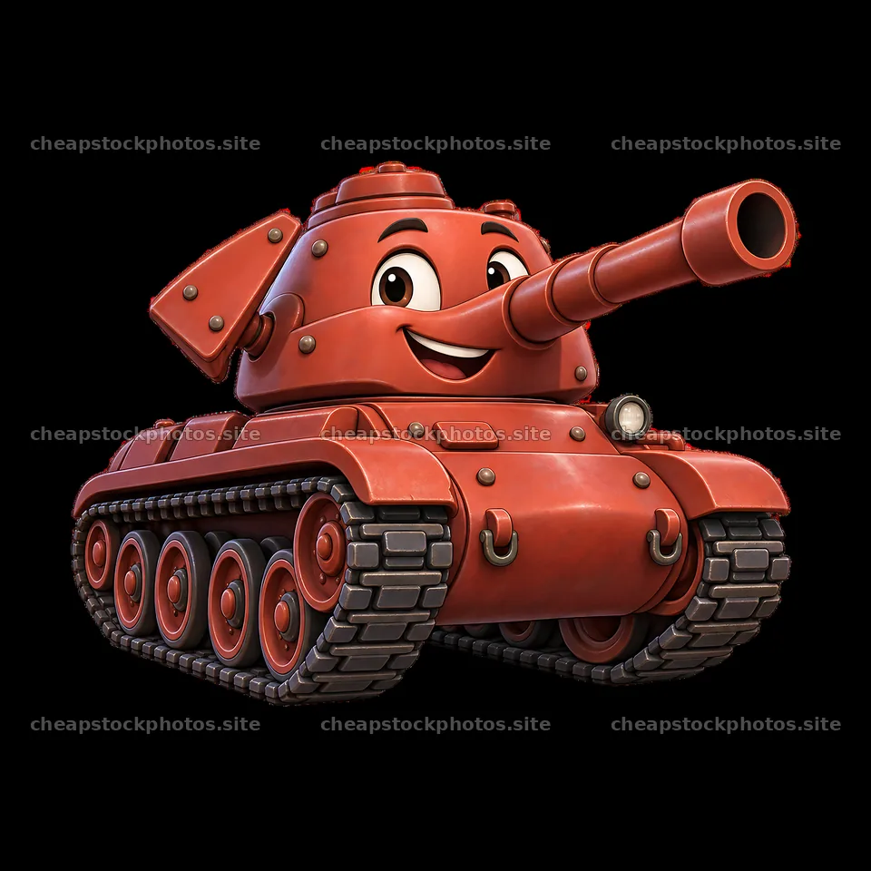Cartoon tank with smiling face and large cannon on the front – stock photos 7746x7746