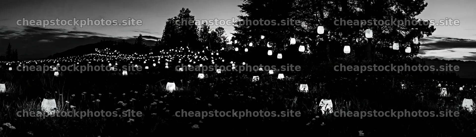 Vibrant Christmas lanterns glowing in twilight sky over meadow – stock photos 14762x4268