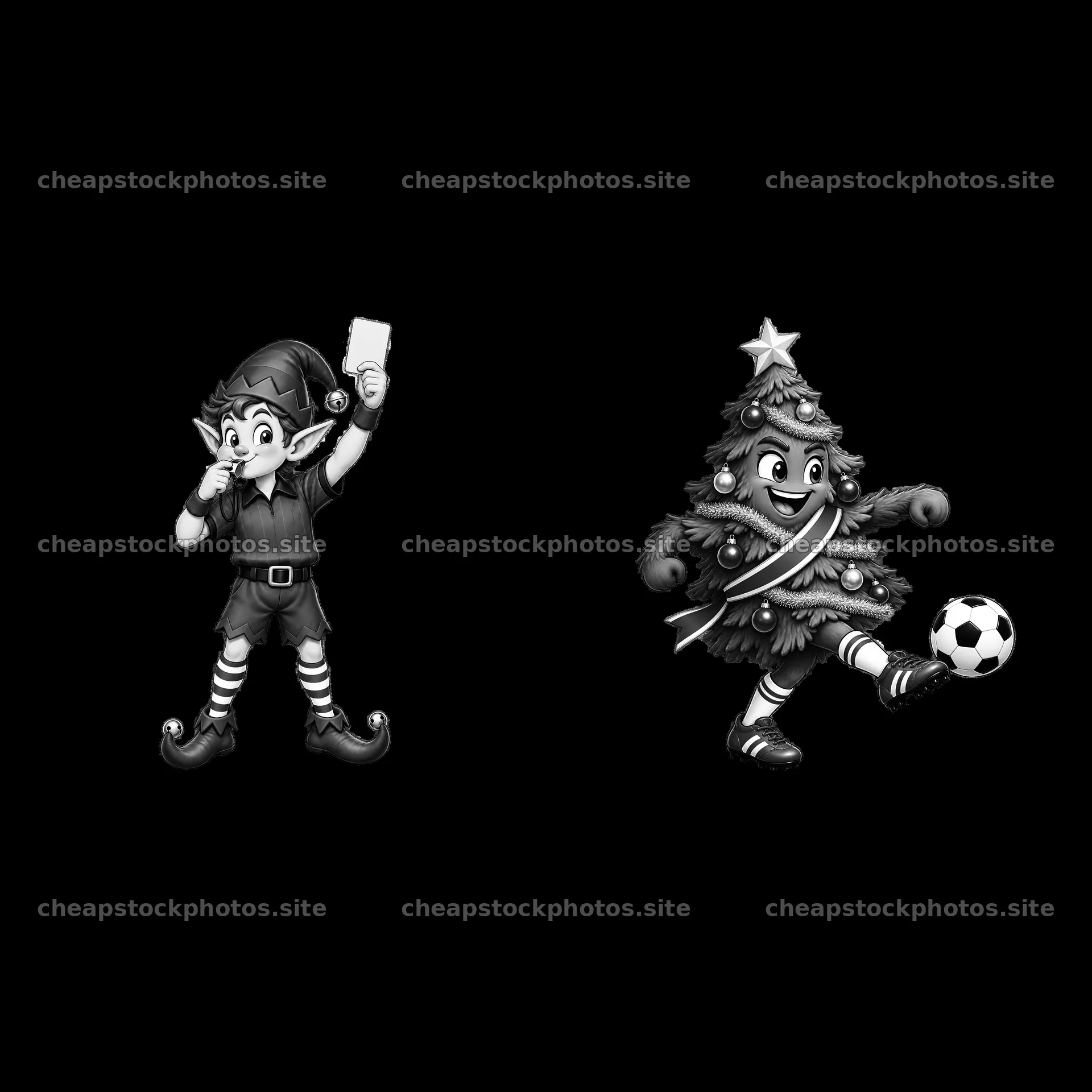 Elf and Christmas tree playing soccer cartoon sticker design – stock photos 7746x7746