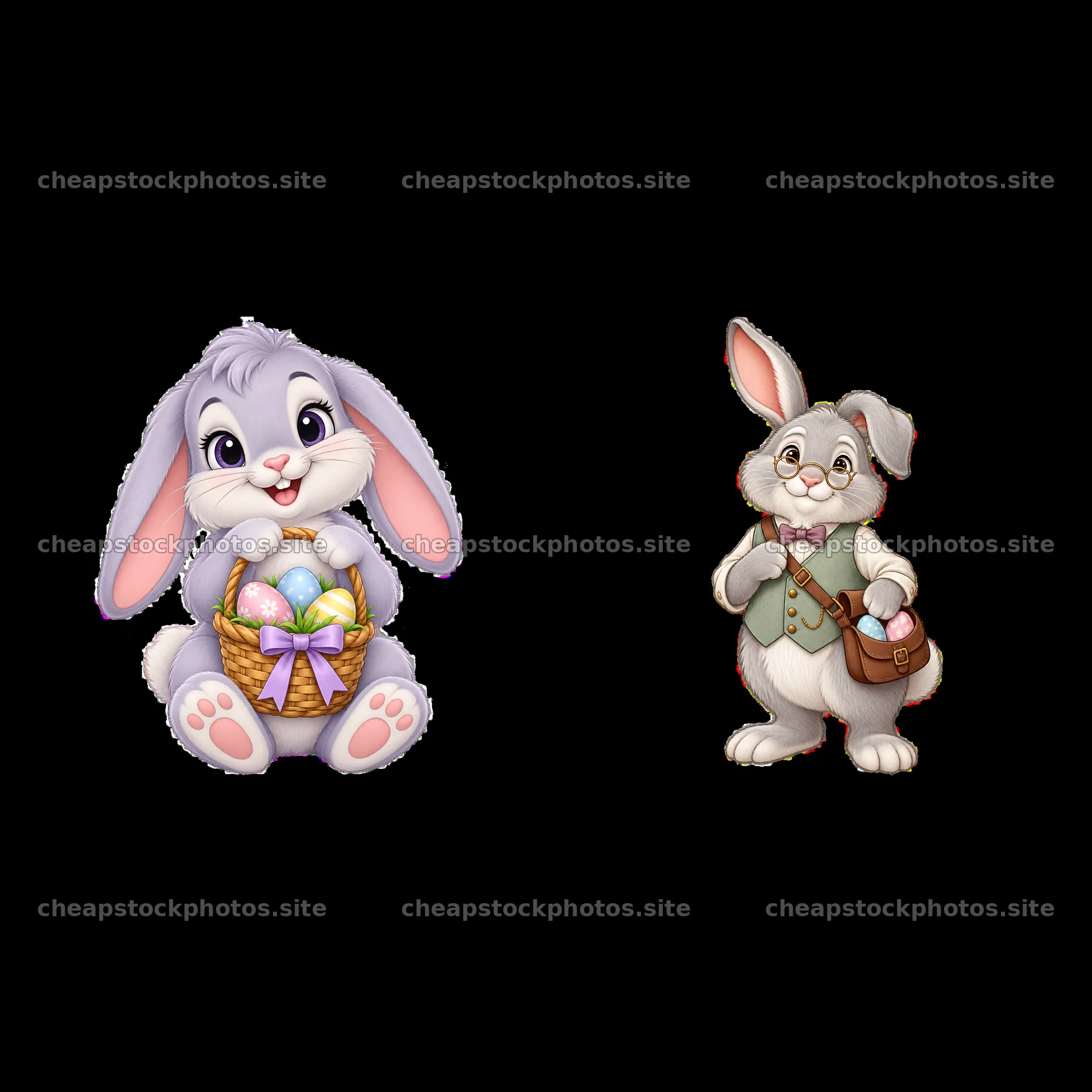 Cute Easter bunny characters with eggs and a bag – stock photos 7746x7746