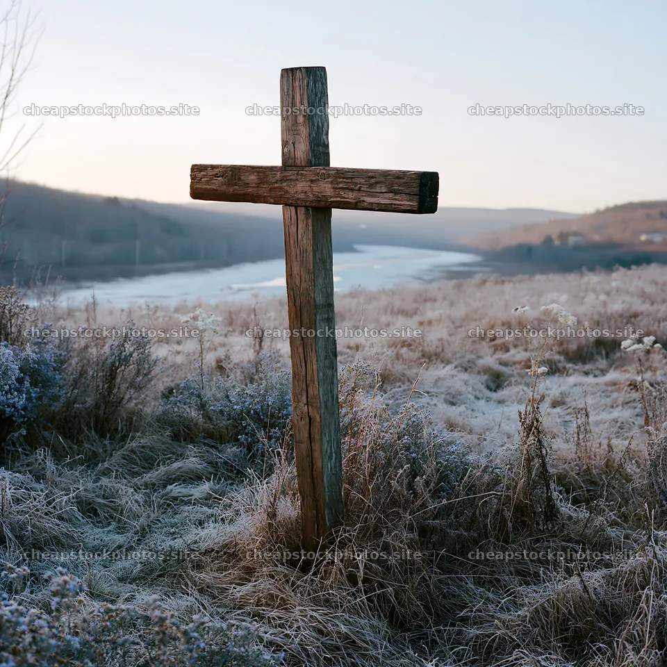 Christian cross on frost covered meadow at sunrise – stock photos 7938x7938