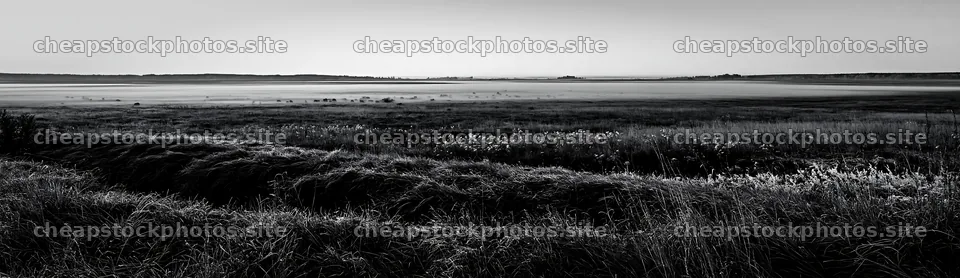 Frosty meadow at sunrise with mist and distant horizon – stock photos 14762x4268