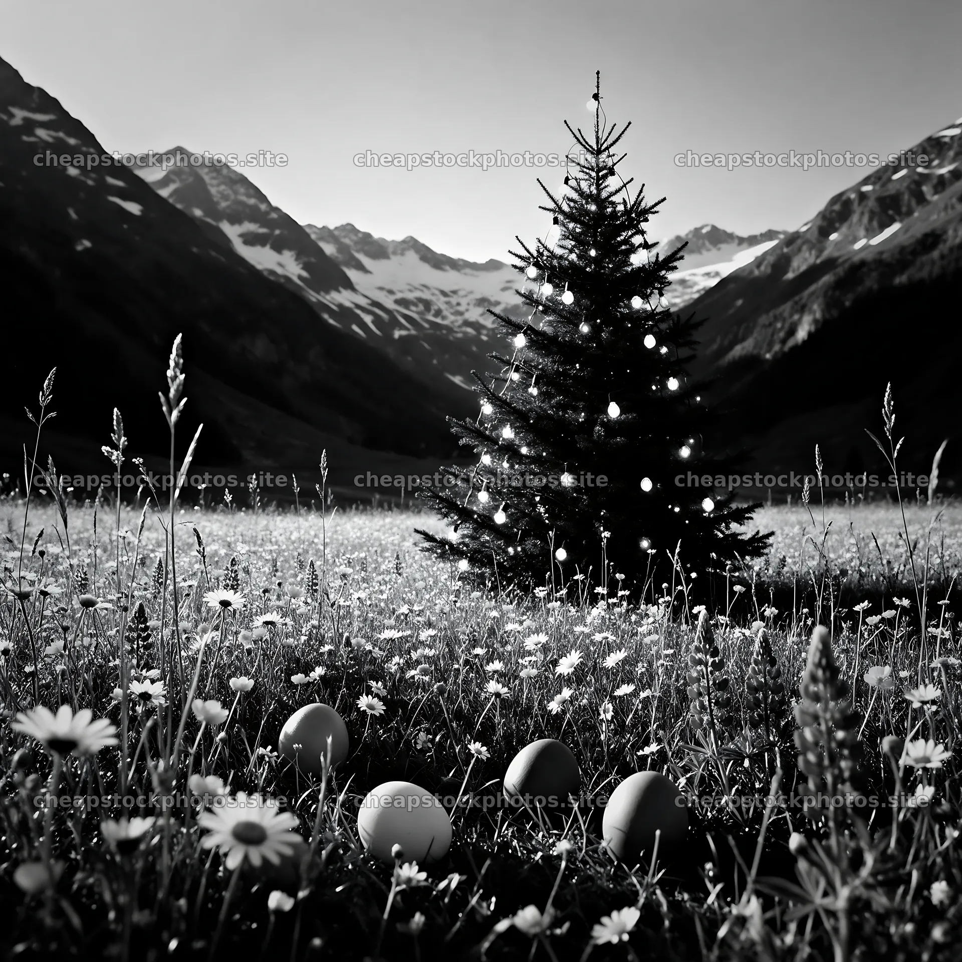 Christmas tree in mountain valley meadow with snow-capped peaks – stock photos 7938x7938