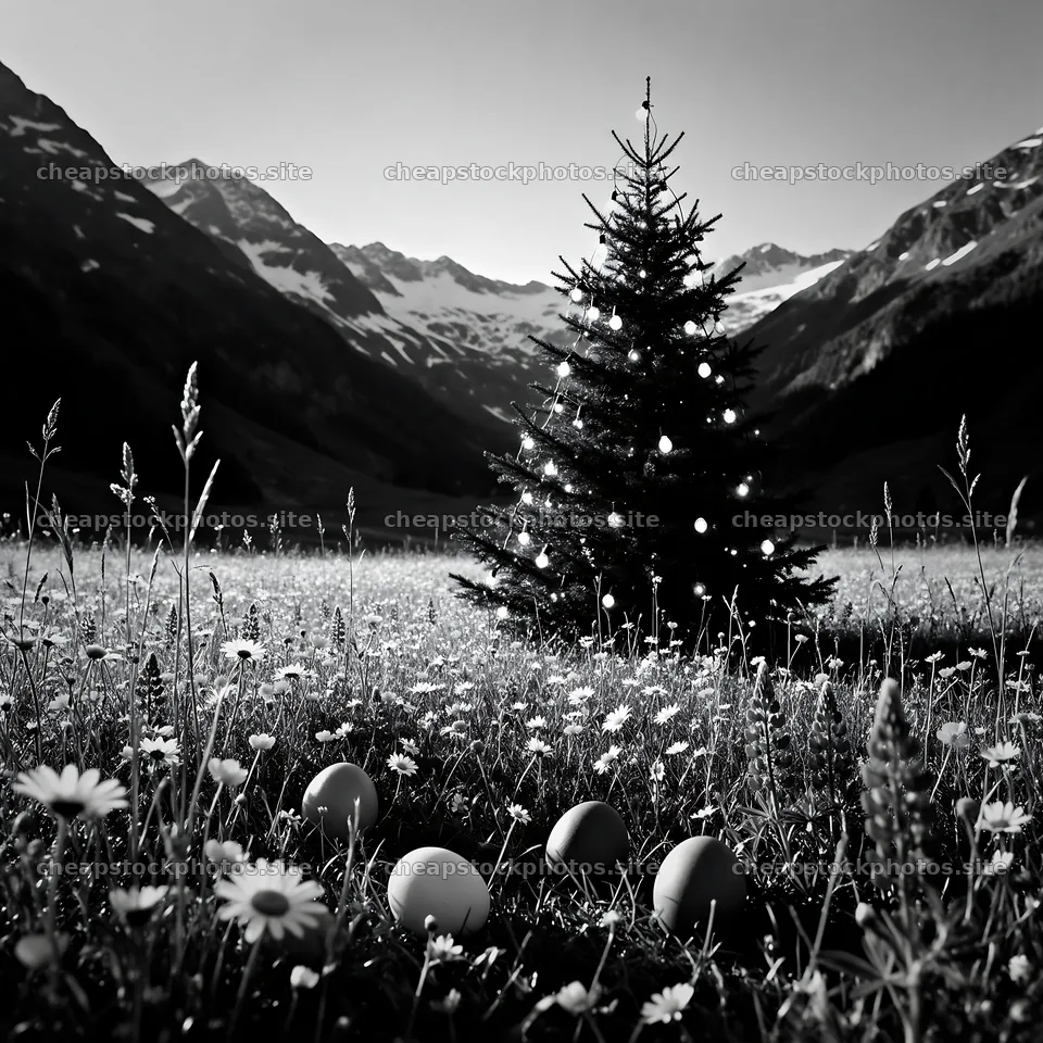 Christmas tree in mountain valley meadow with snow-capped peaks – stock photos 7938x7938