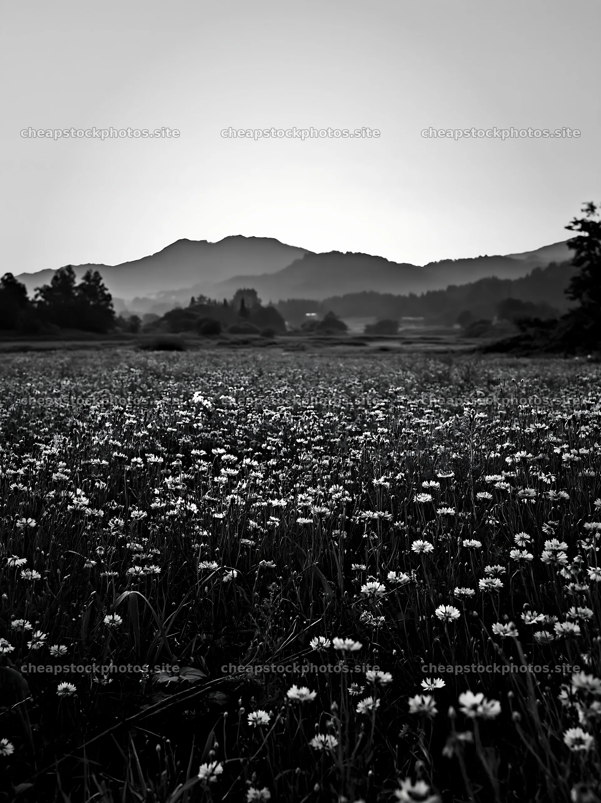 Yamagata rewilded meadow with foreground fallen branch and flowers – stock photos 6866x9174