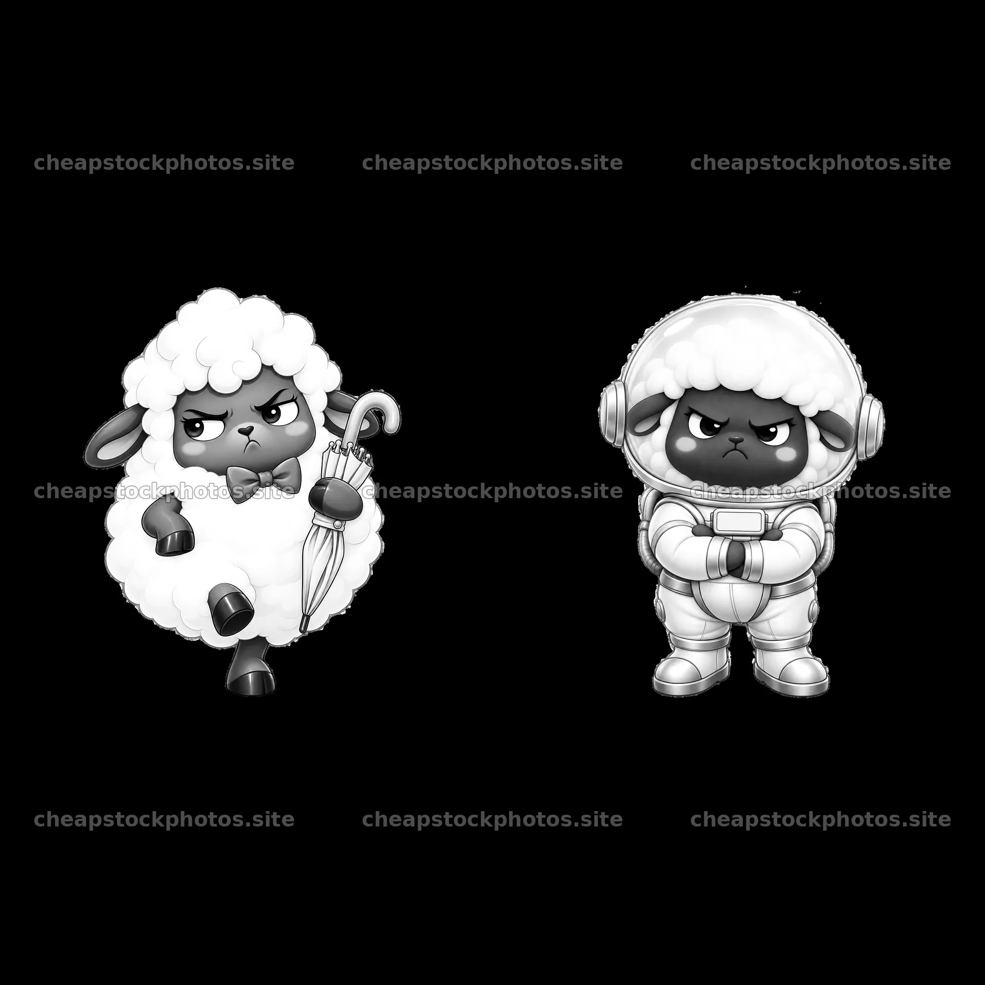 Kawaii grumpy sheep with umbrella and astronaut sheep sticker design – stock photos 7746x7746