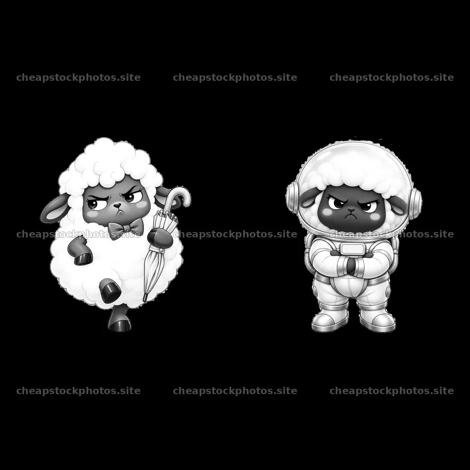 Kawaii grumpy sheep with umbrella and astronaut sheep sticker design – stock photos 7746x7746