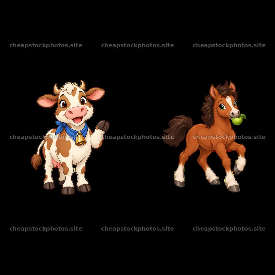 Cow and horse cartoon stickers with playful expressions – stock photos 7746x7746