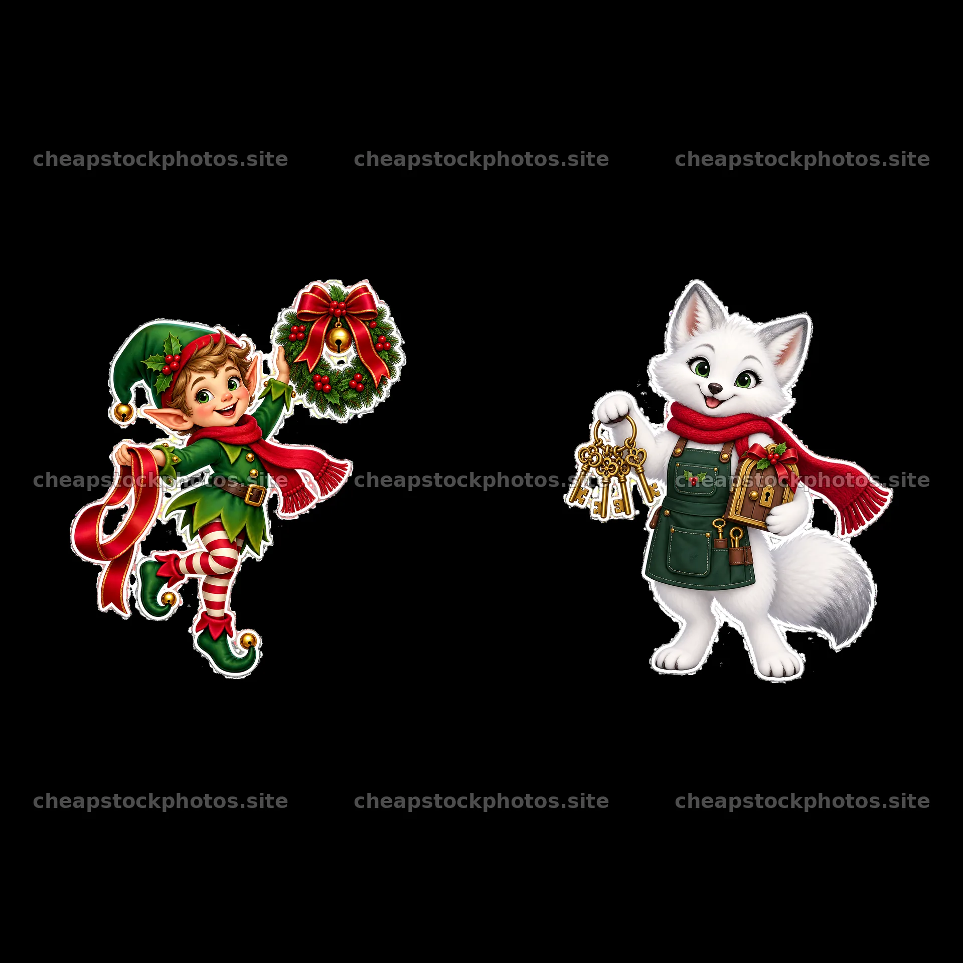 Christmas elf and fox holding wreath and keys – stock photos 7746x7746