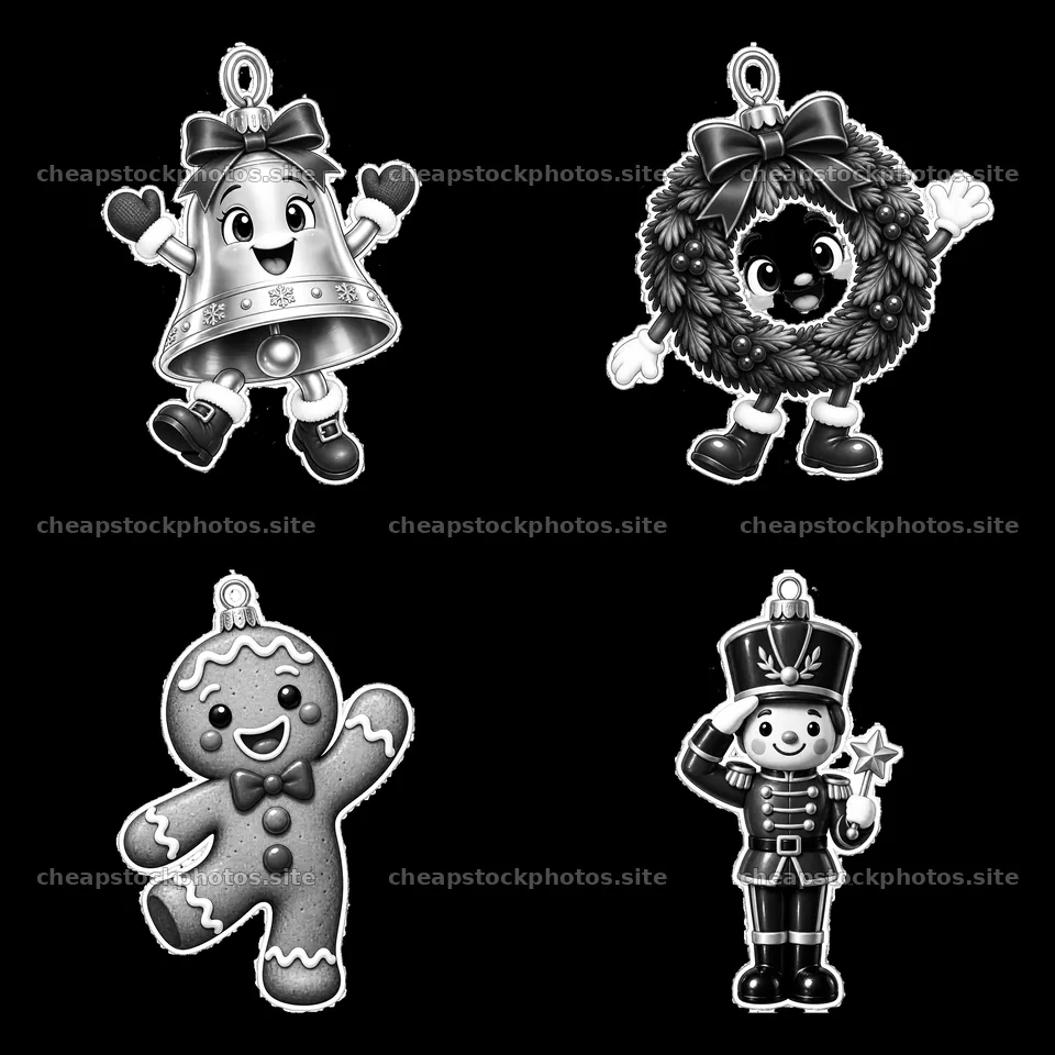 Four cartoon stickers show Christmas ornaments – stock photos 7746x7746