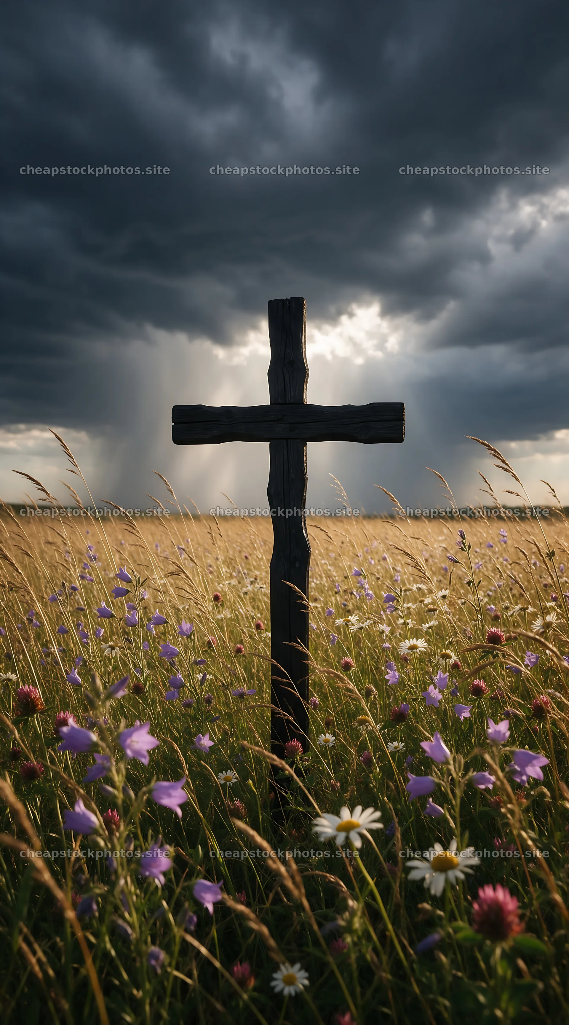 Dark Christian cross in summer meadow with wildflowers – stock photos 5916x10648