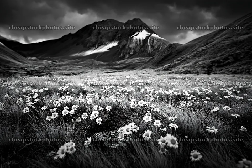 Meadow with flowers beneath rocky mountain crags – stock photos 9722x6480