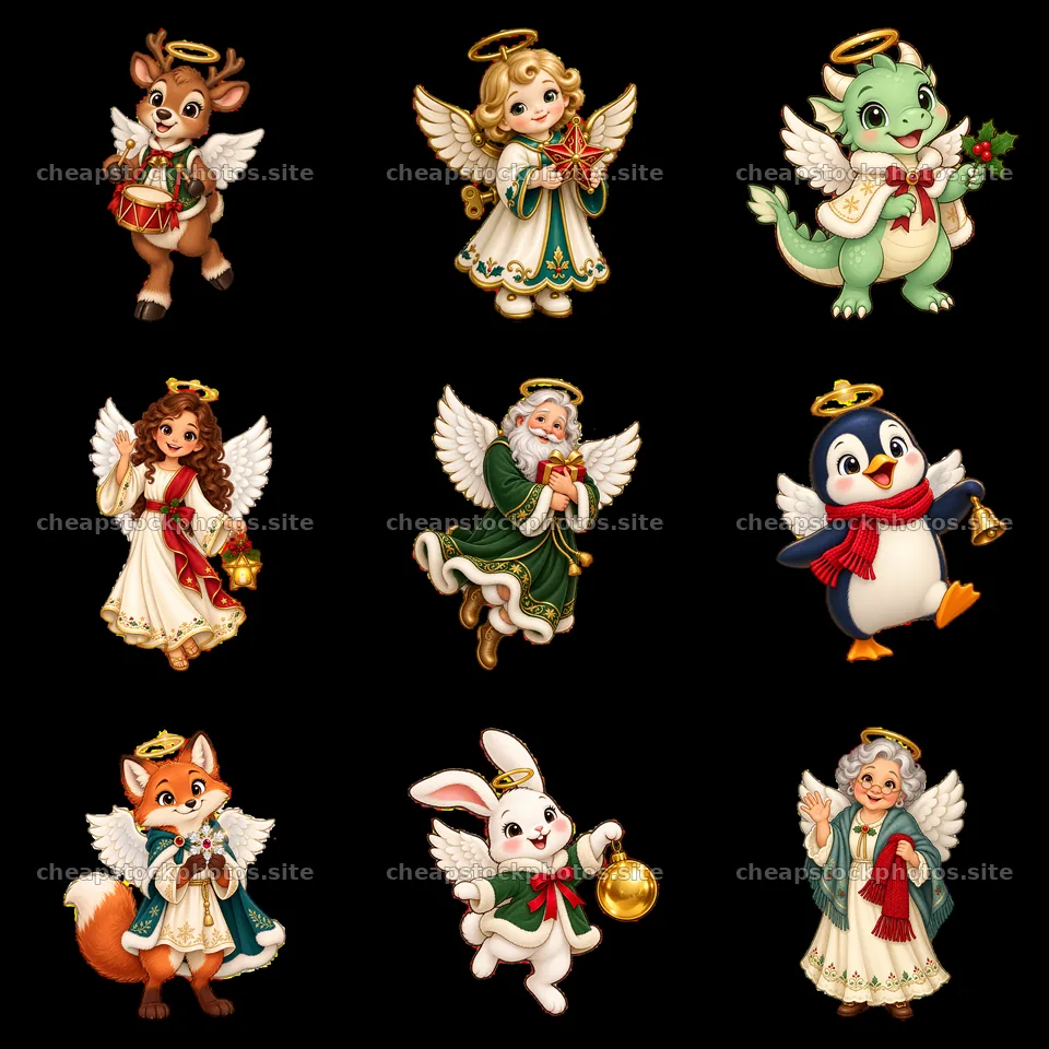 Christmas angel characters in a 3x3 cartoon sticker layout – stock photos 7746x7746