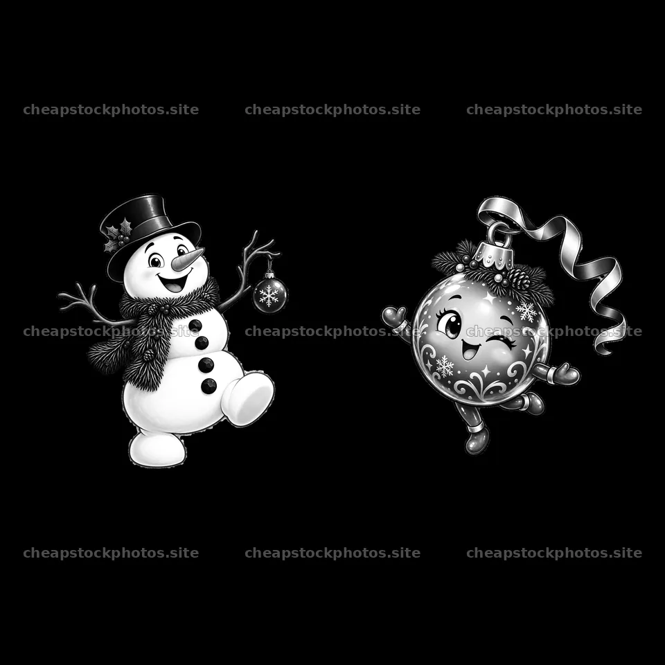 Cheerful snowman with Christmas ornament on left side – stock photos 7746x7746