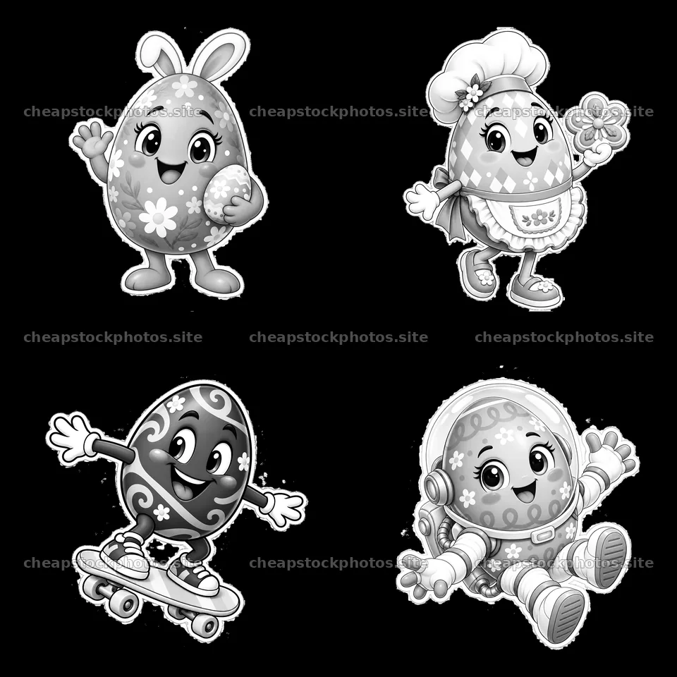 Colorful cartoon Easter eggs in four playful designs – stock photos 7746x7746