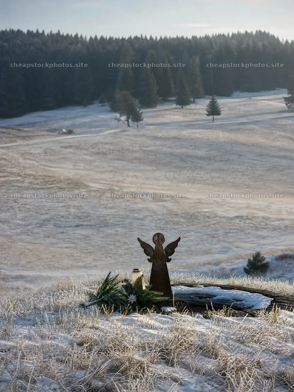 Winter landscape with an angel statue in a meadow – stock photos 6874x9166