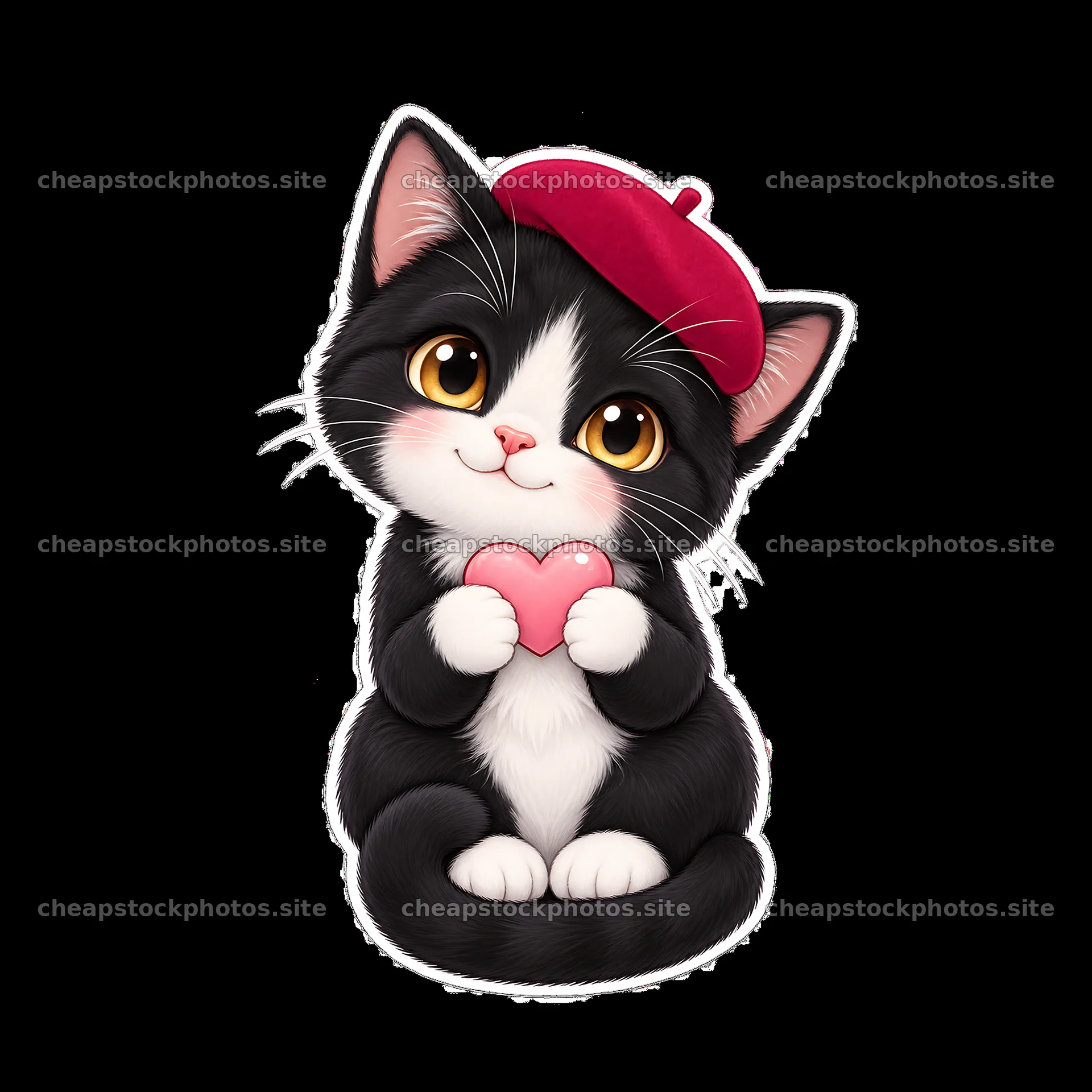 Kawaii black and white cat holds a pink heart in its paws – stock photos 7746x7746