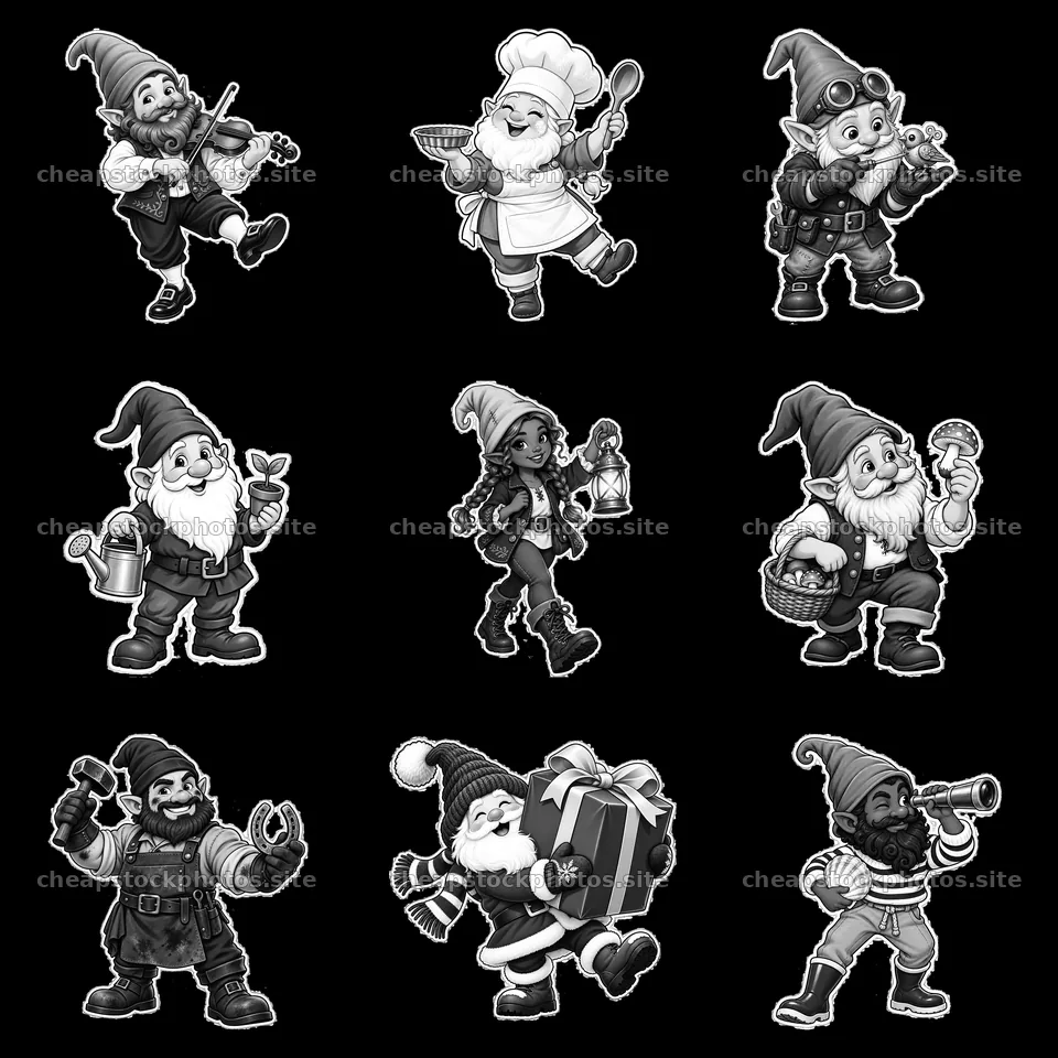 Gnomes performing various activities in a 3x3 cartoon layout – stock photos 7746x7746