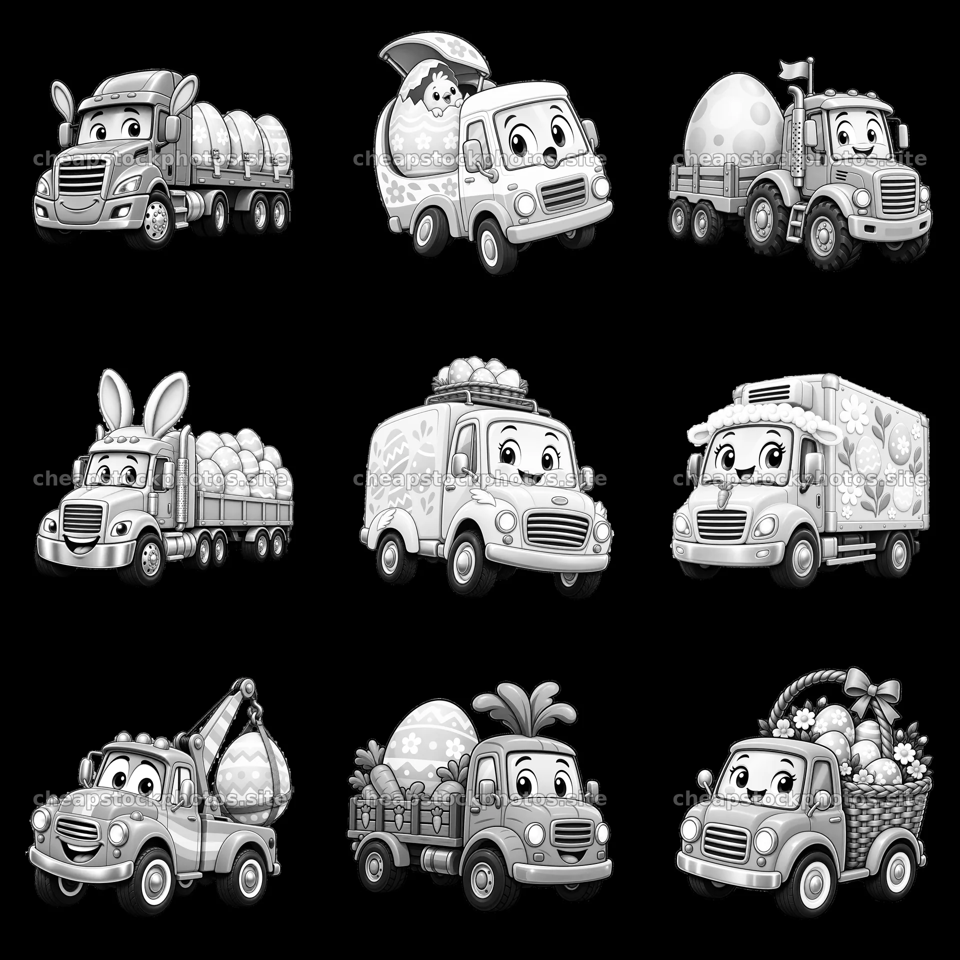 Easter themed cartoon trucks with eggs in a 3x3 layout – stock photos 7746x7746
