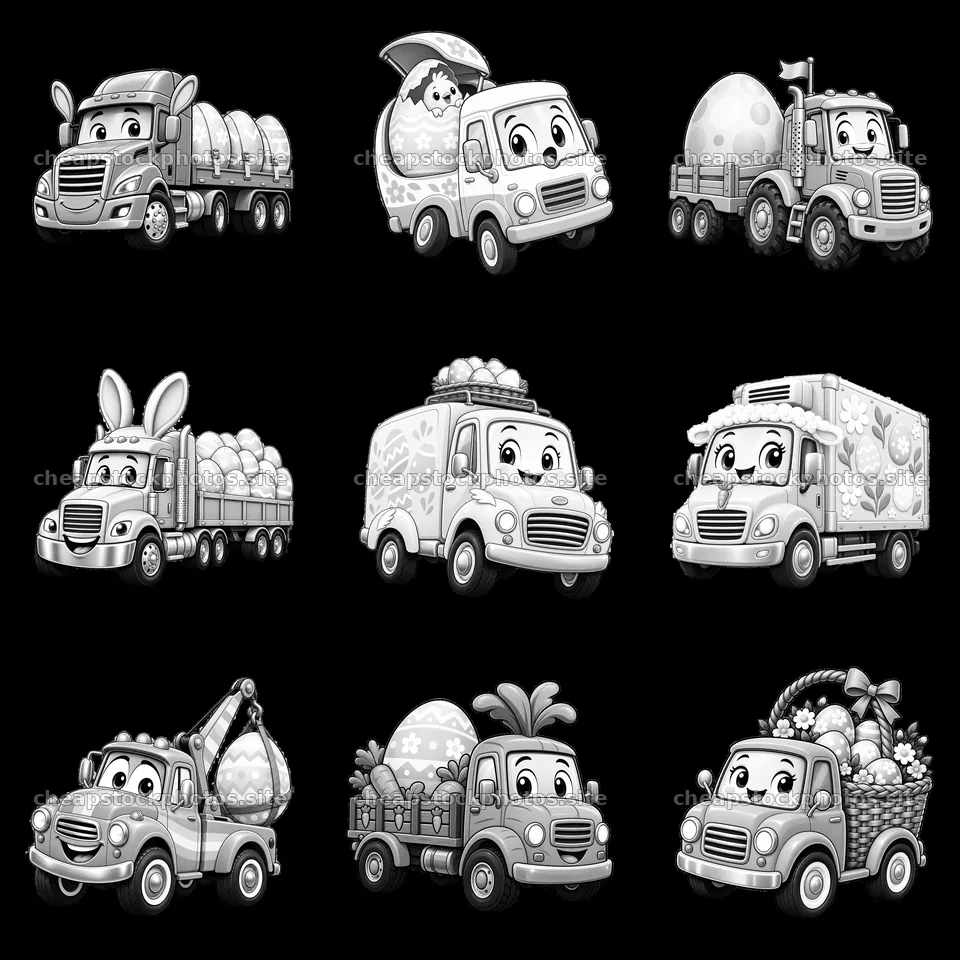 Easter themed cartoon trucks with eggs in a 3x3 layout – stock photos 7746x7746