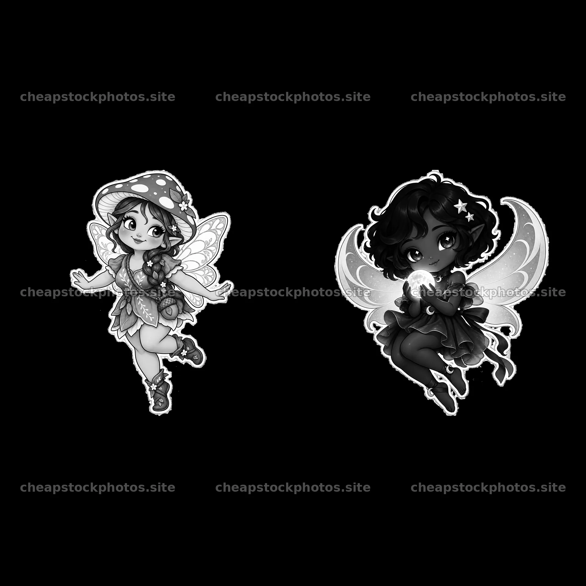 Kawaii chubby fairies with wings and magical items in monochrome – stock photos 7746x7746