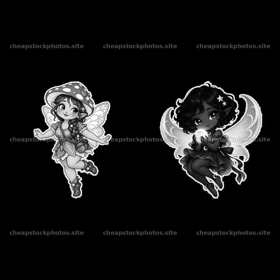 Kawaii chubby fairies with wings and magical items in monochrome – stock photos 7746x7746