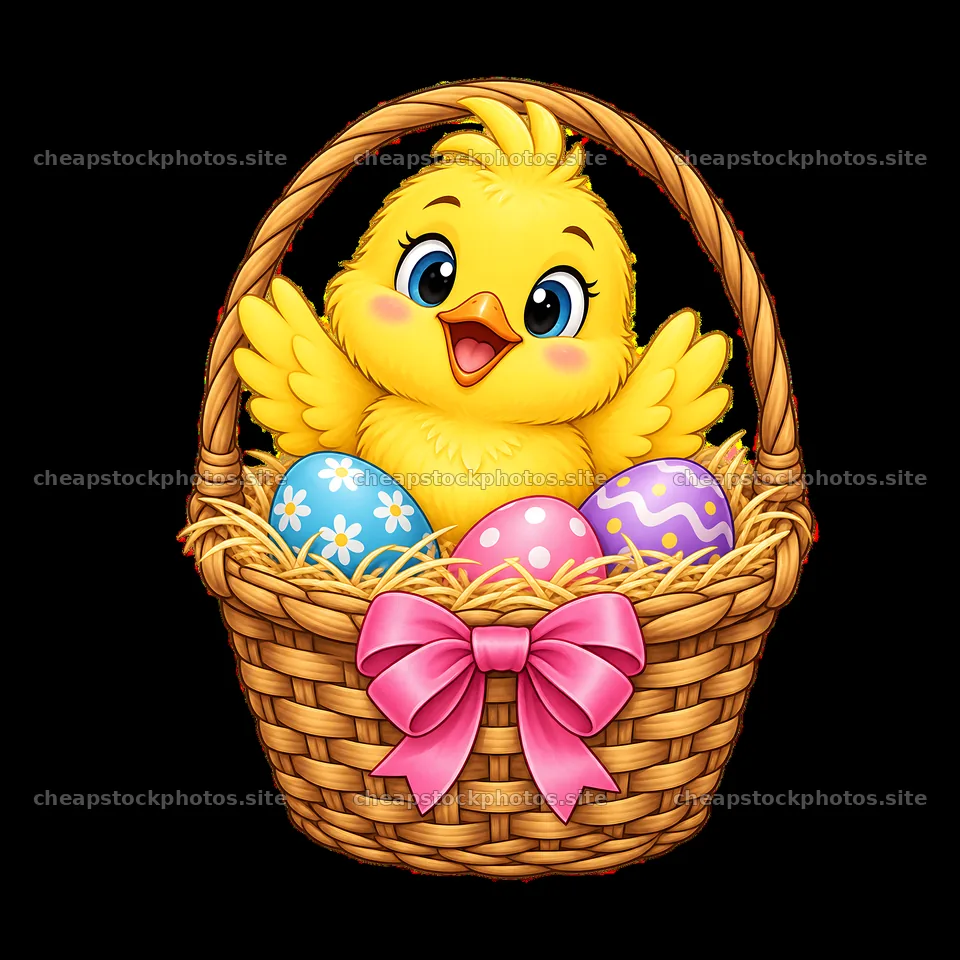 Cute yellow chick in an Easter basket with colorful eggs – stock photos 7746x7746