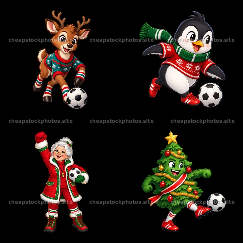 Christmas soccer characters with a reindeer, penguin, Santa, and tree – stock photos 7746x7746