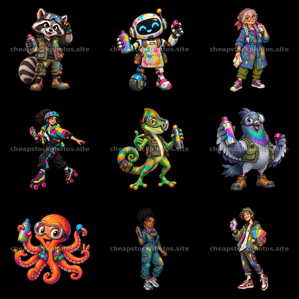 Nine graffiti sprayers in a colorful cartoon style layout – stock photos 7746x7746