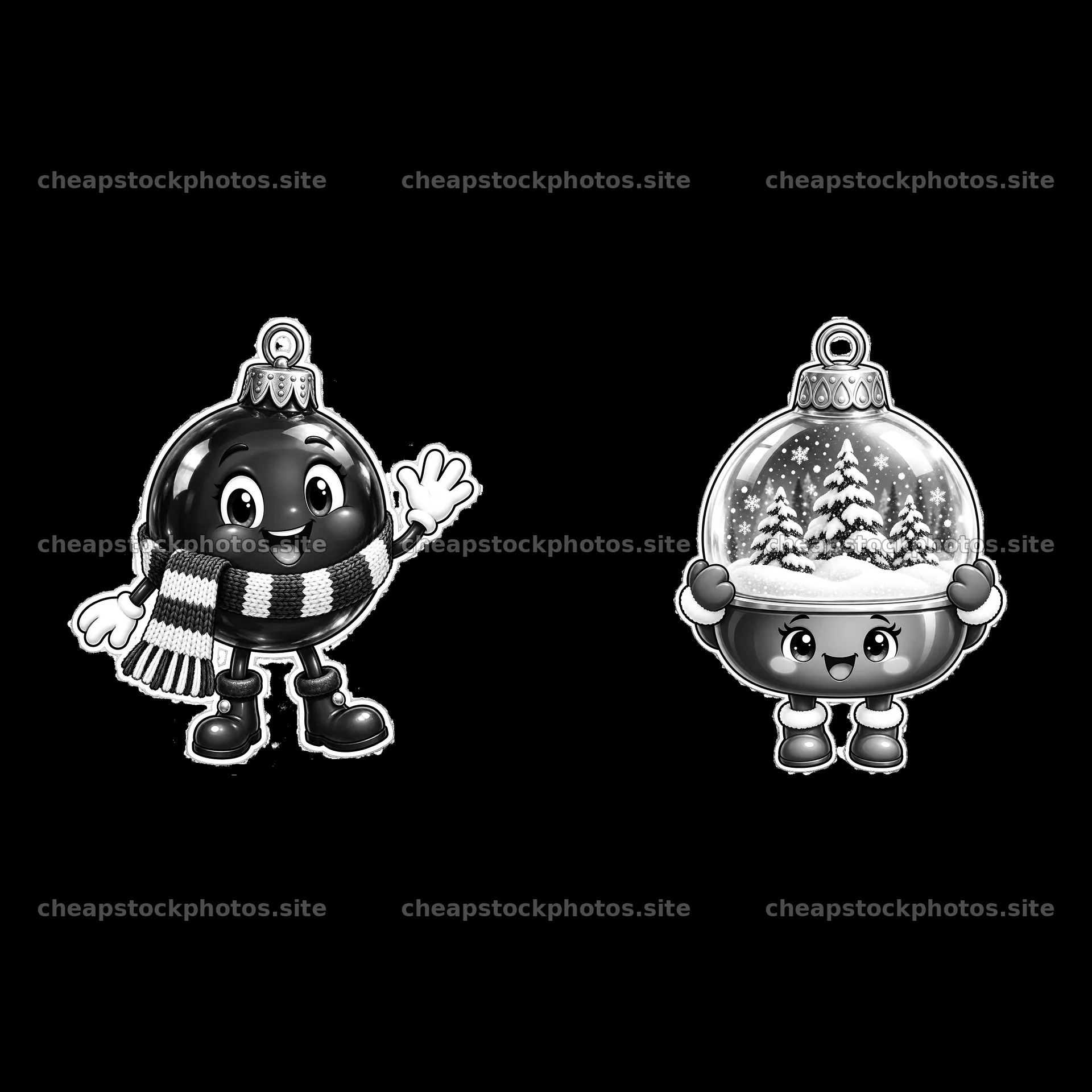 Christmas ornaments with characters waving and holding decoration – stock photos 7746x7746