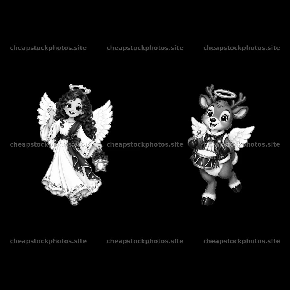 Christmas angel and reindeer playing instruments together – stock photos 7746x7746