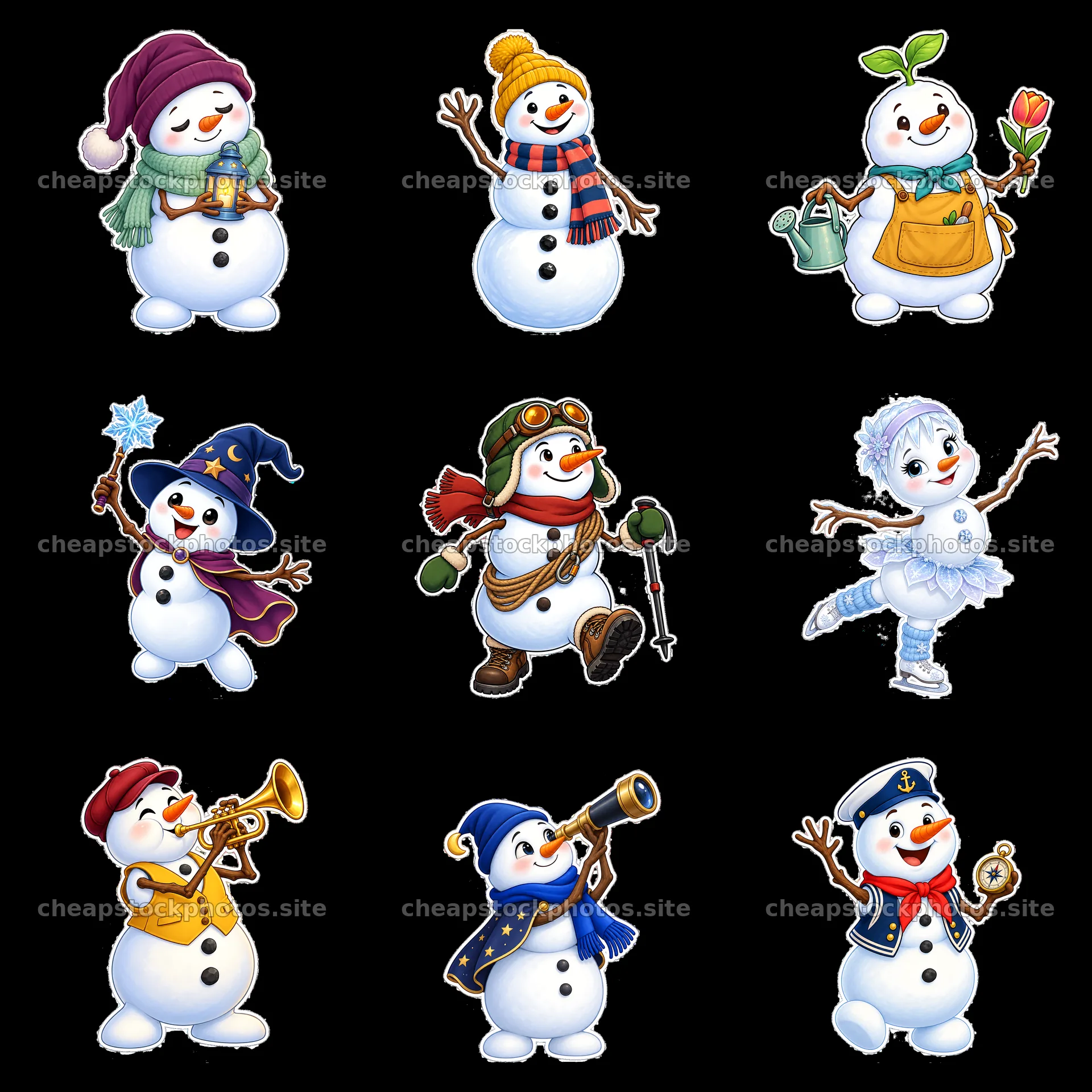 Colorful cartoon snowmen engaged in various activities – stock photos 7746x7746
