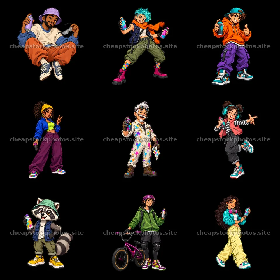 Cool graffiti sprayer characters in a colorful grid layout – stock photos 7746x7746