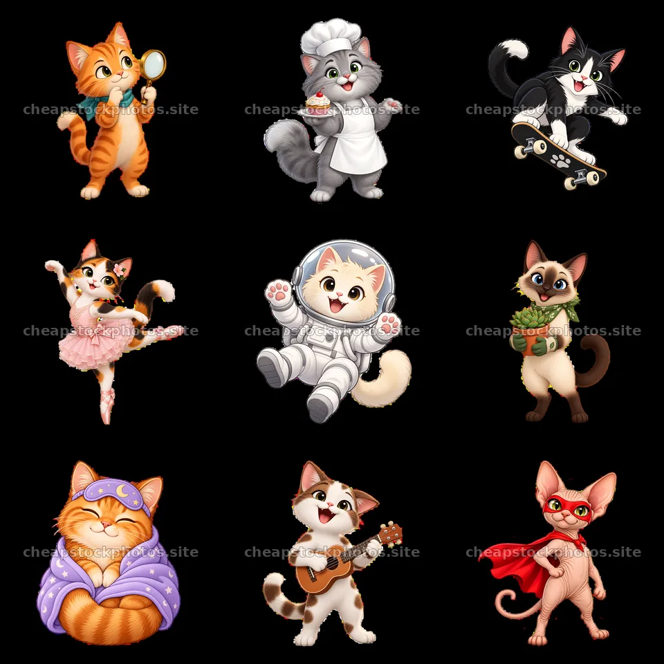 Cats in various outfits and activities in a 3x3 arrangement – stock photos 7746x7746
