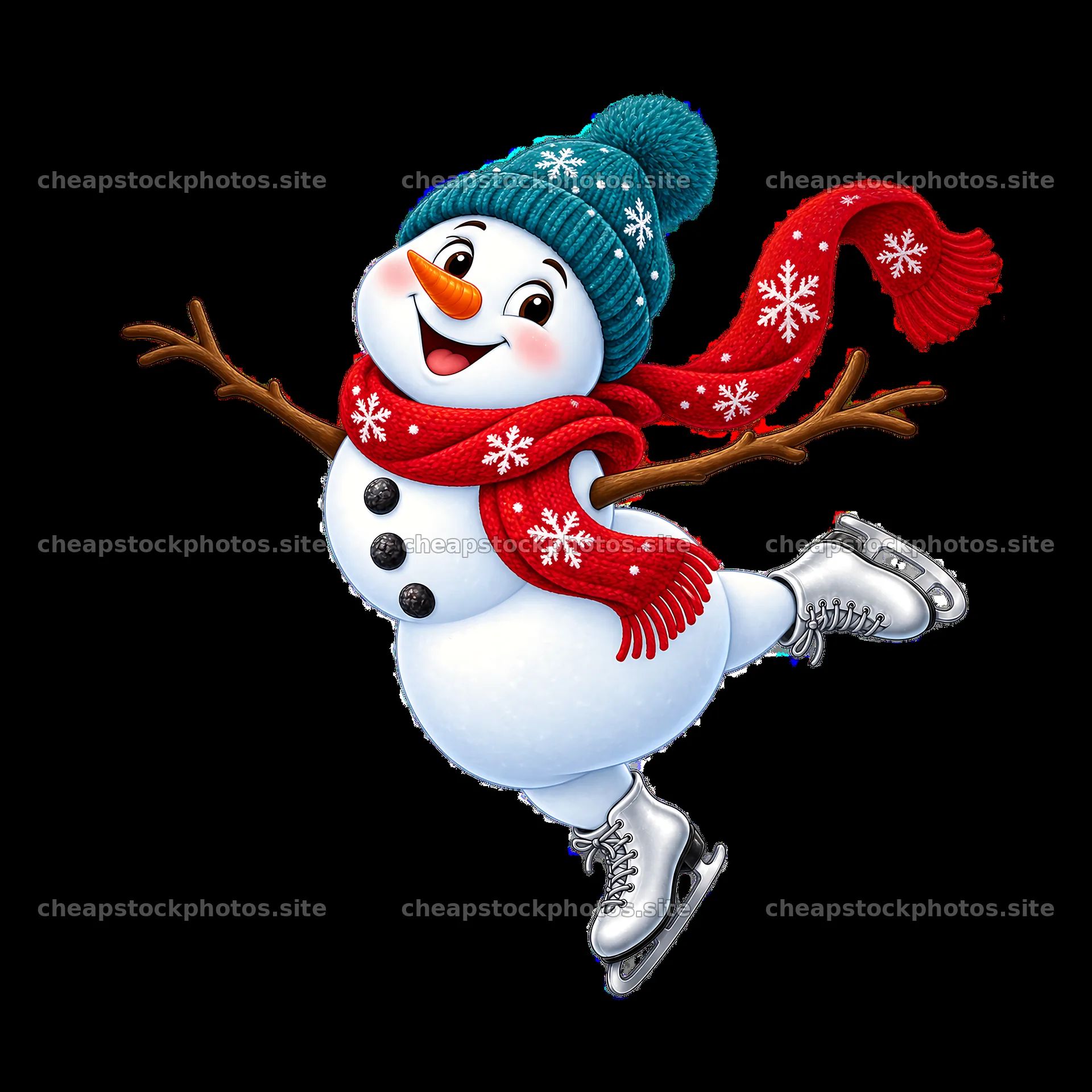 Joyful snowman skating in winter attire with a red scarf – stock photos 7746x7746