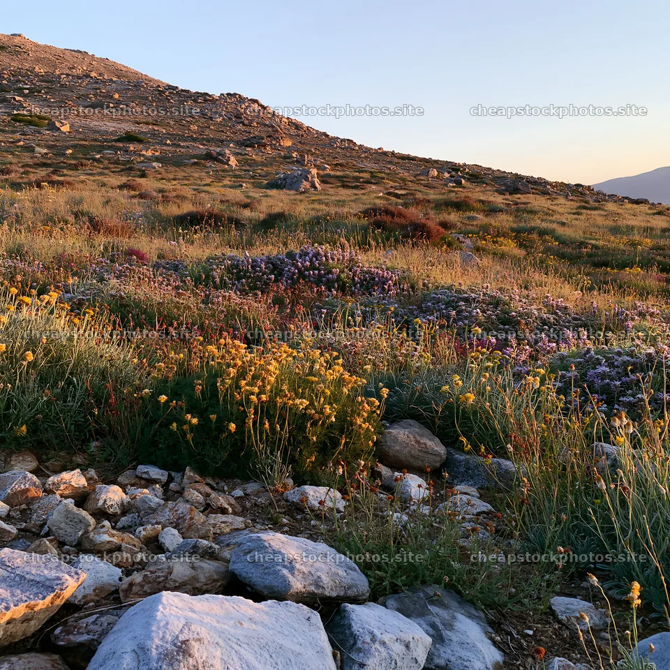 Regenerative meadow with rocks at sunset – stock photos 7938x7938