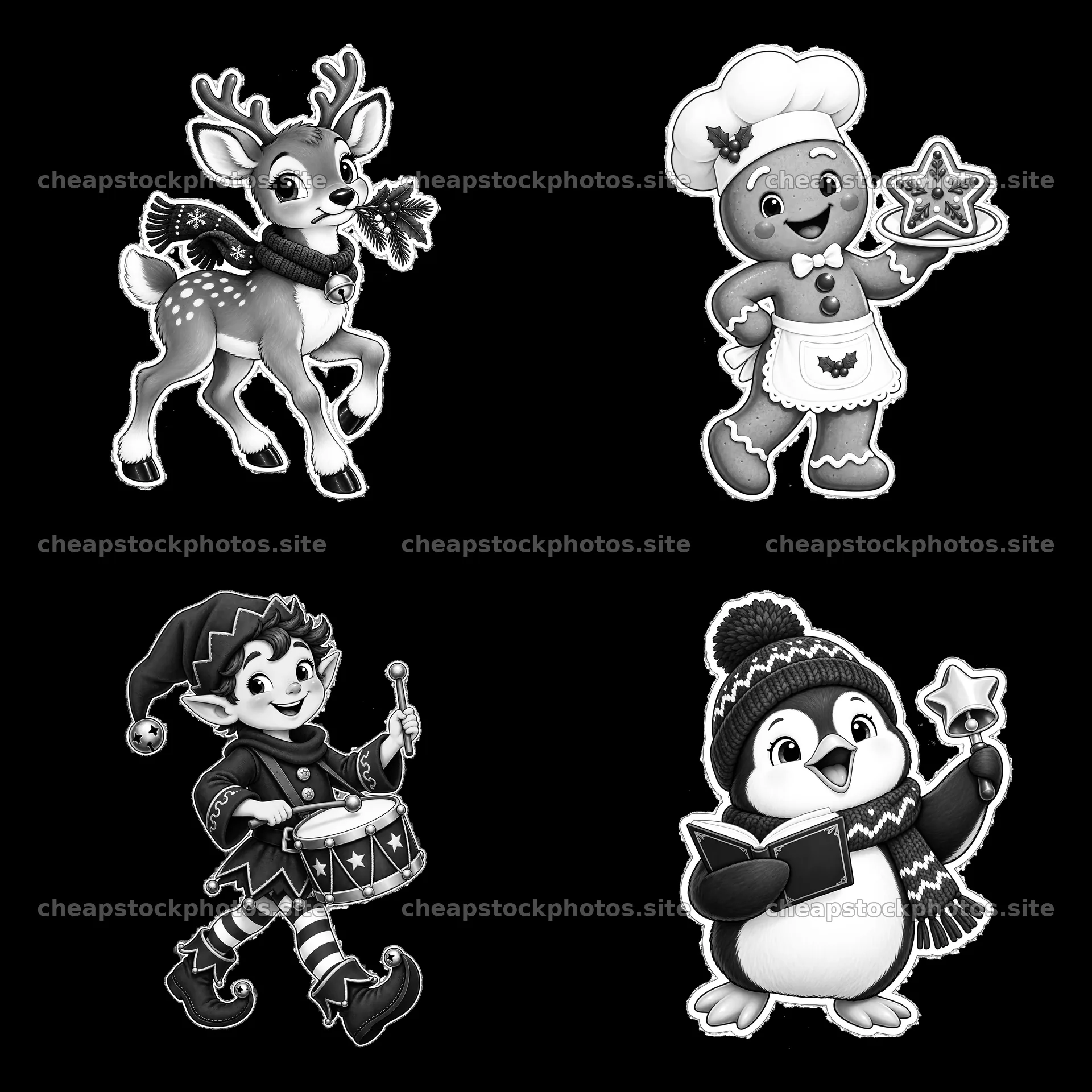 Christmas cartoon characters in a 2x2 grid – stock photos 7746x7746