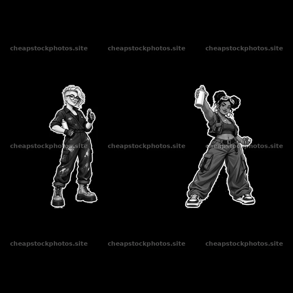 Pair of cartoon female graffiti sprayers in action – stock photos 7746x7746