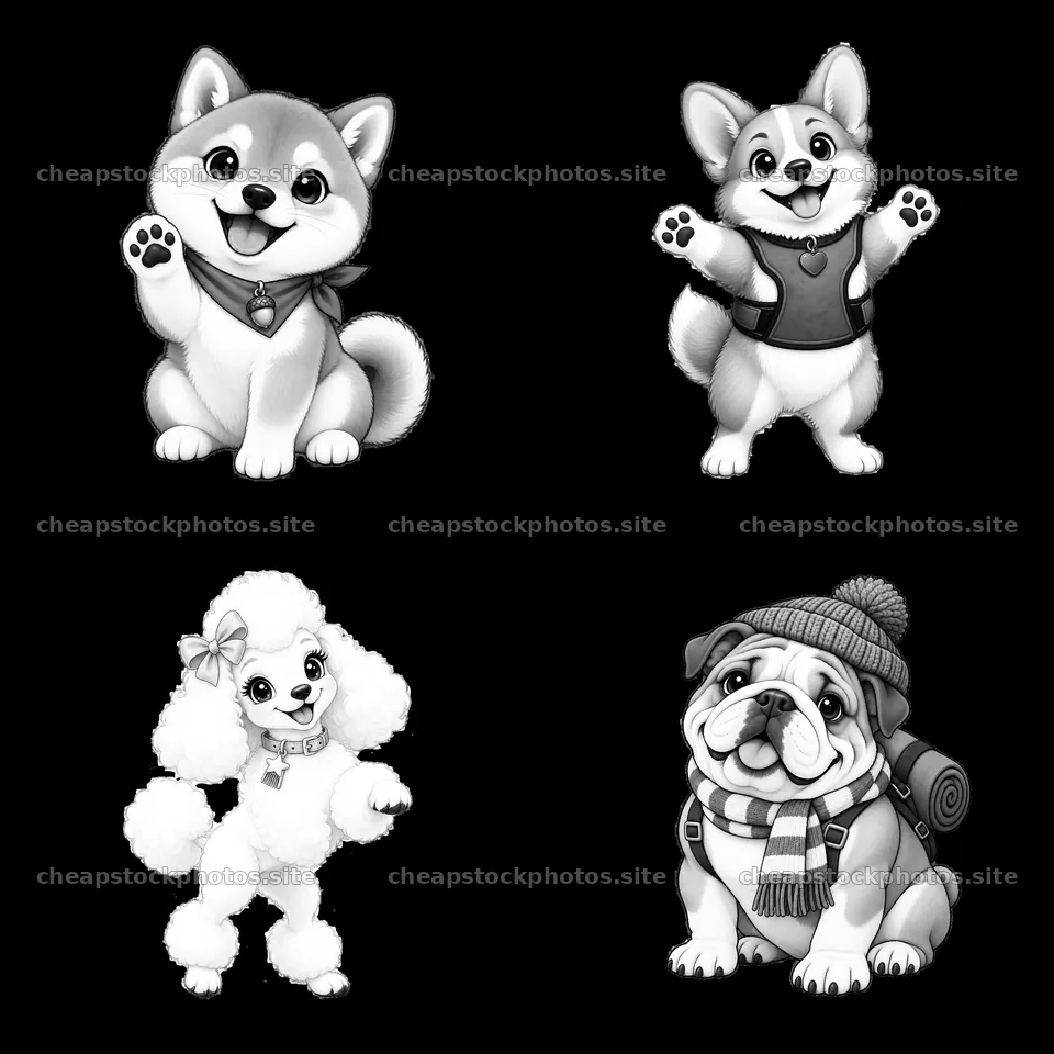 Cute cartoon dogs playing and posing in a 2x2 layout – stock photos 7746x7746
