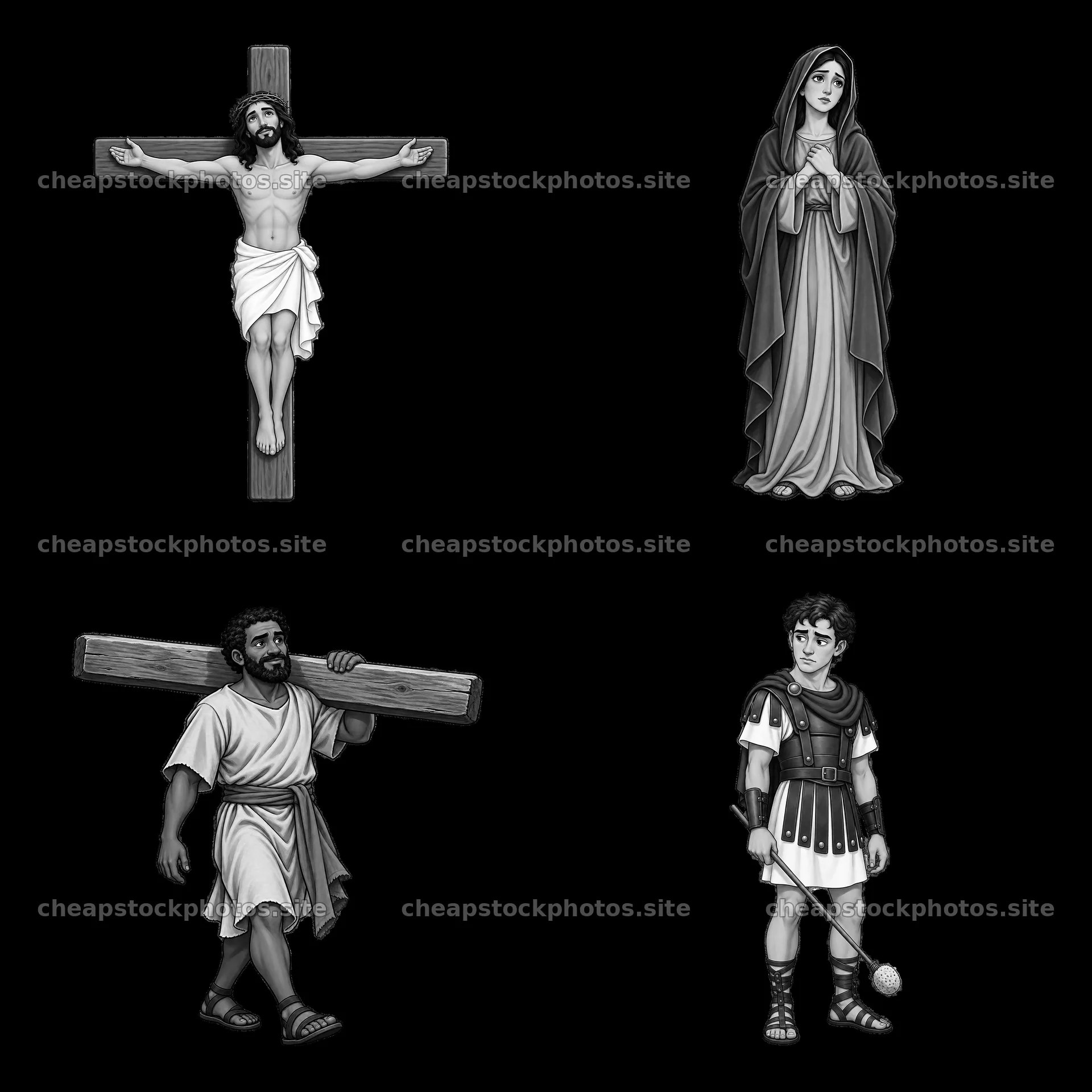 Jesus on the cross with Mary, Simon, and a Roman soldier – stock photos 7746x7746