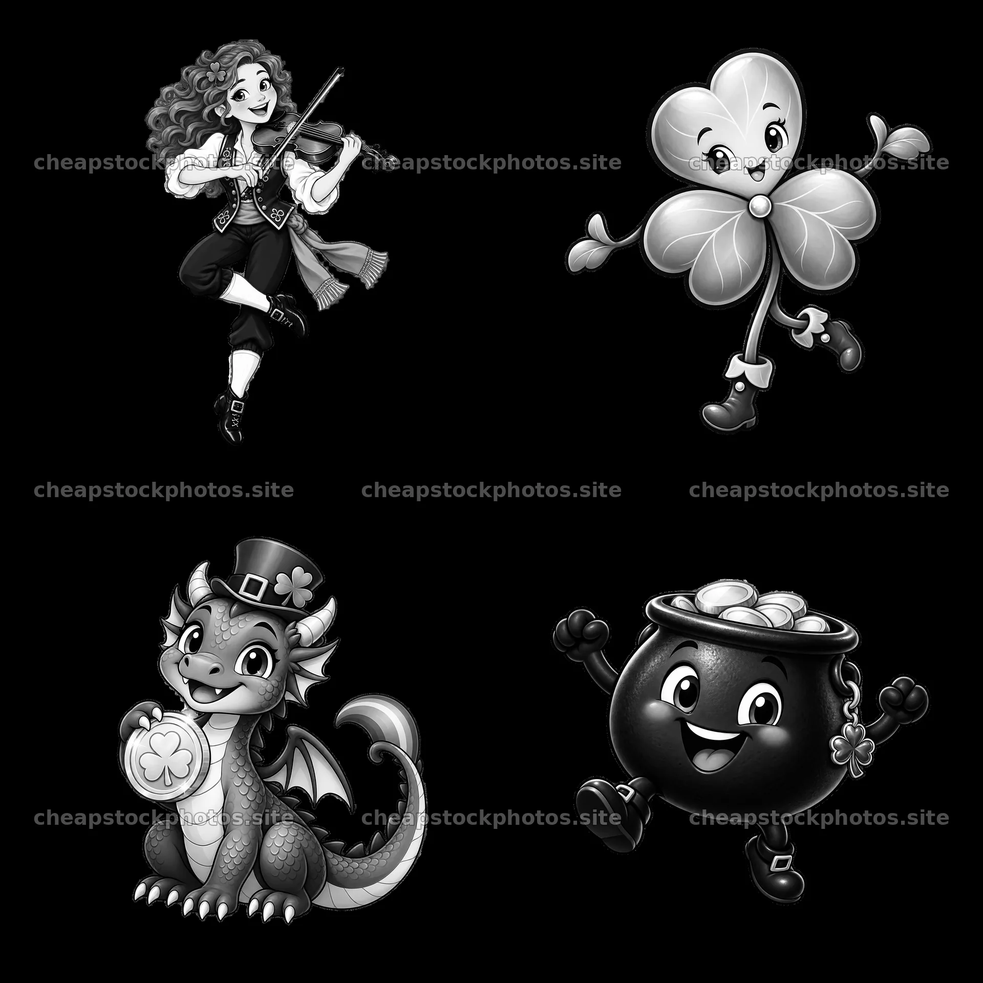 St. Patrick's Day cartoon characters with musical girl and dragon – stock photos 7746x7746