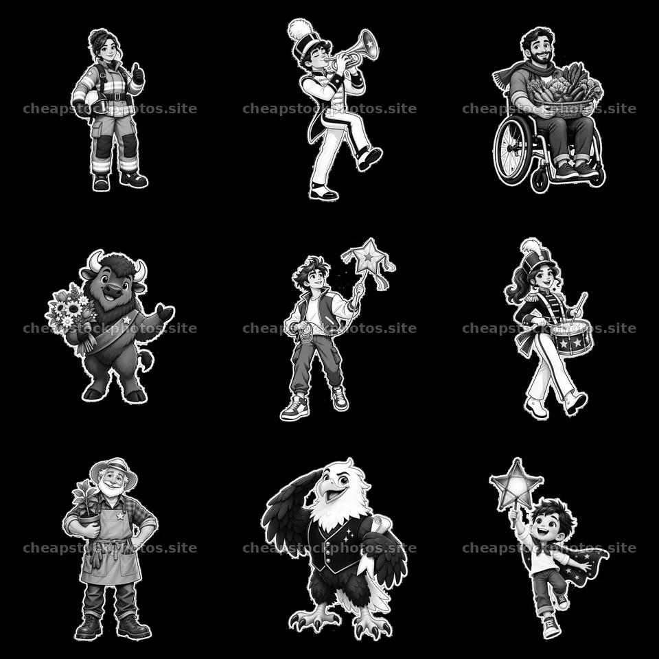 Patriot-themed cartoon characters in diverse roles and activities – stock photos 7746x7746