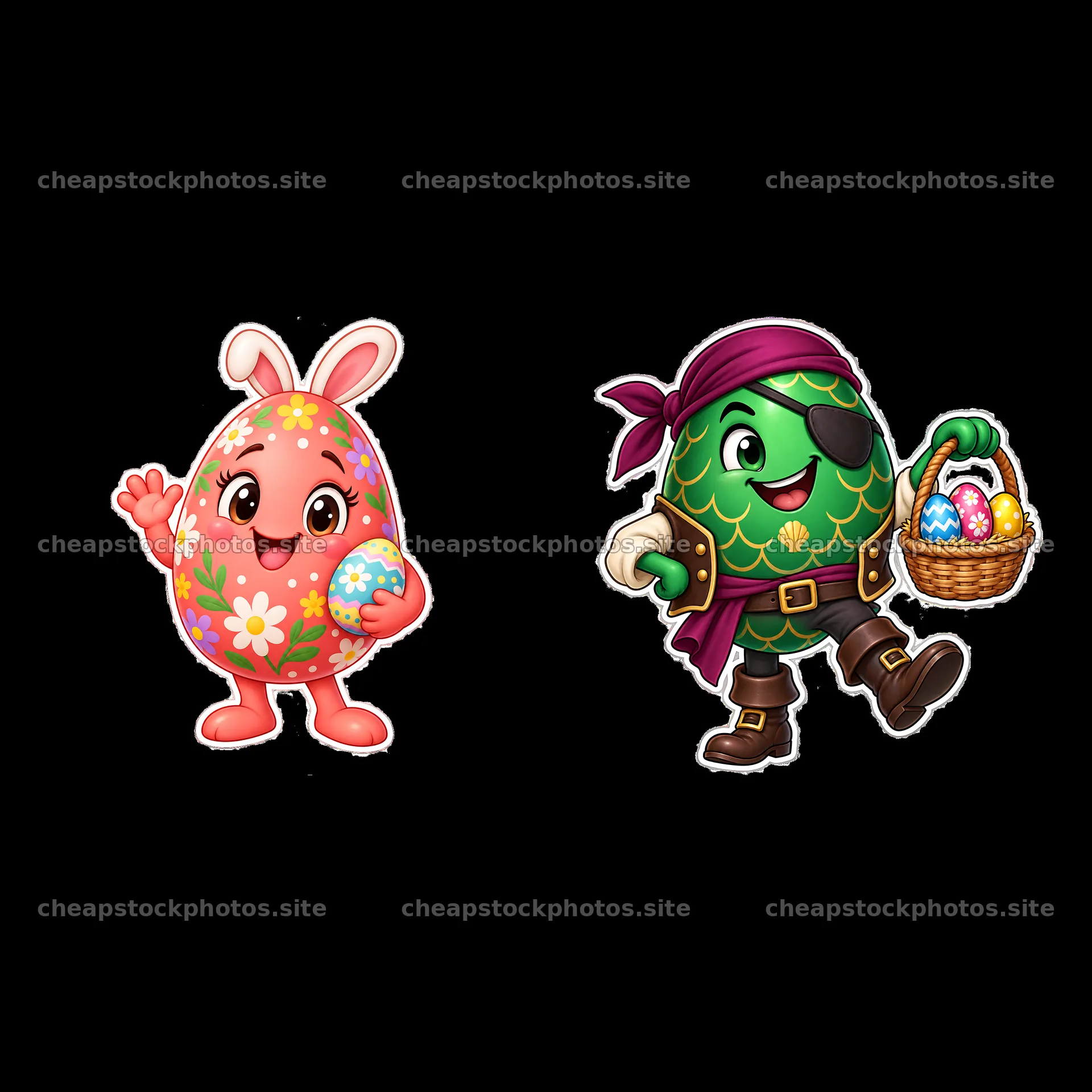 Colorful cartoon Easter eggs with character designs in pair – stock photos 7746x7746