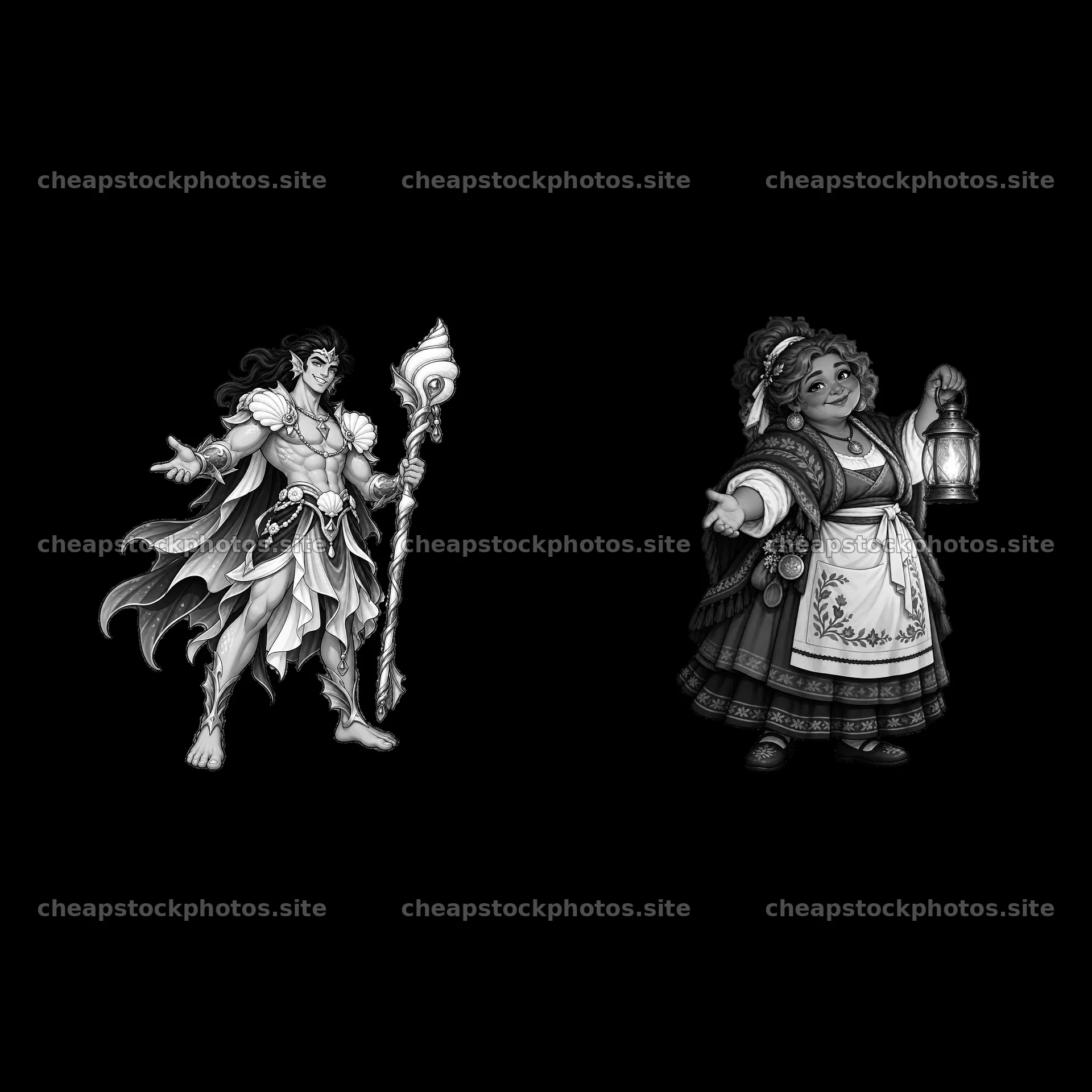 Pagan gods: male with a staff, female with a lantern – stock photos 7746x7746