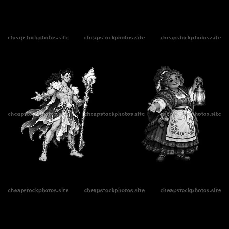 Pagan gods: male with a staff, female with a lantern – stock photos 7746x7746